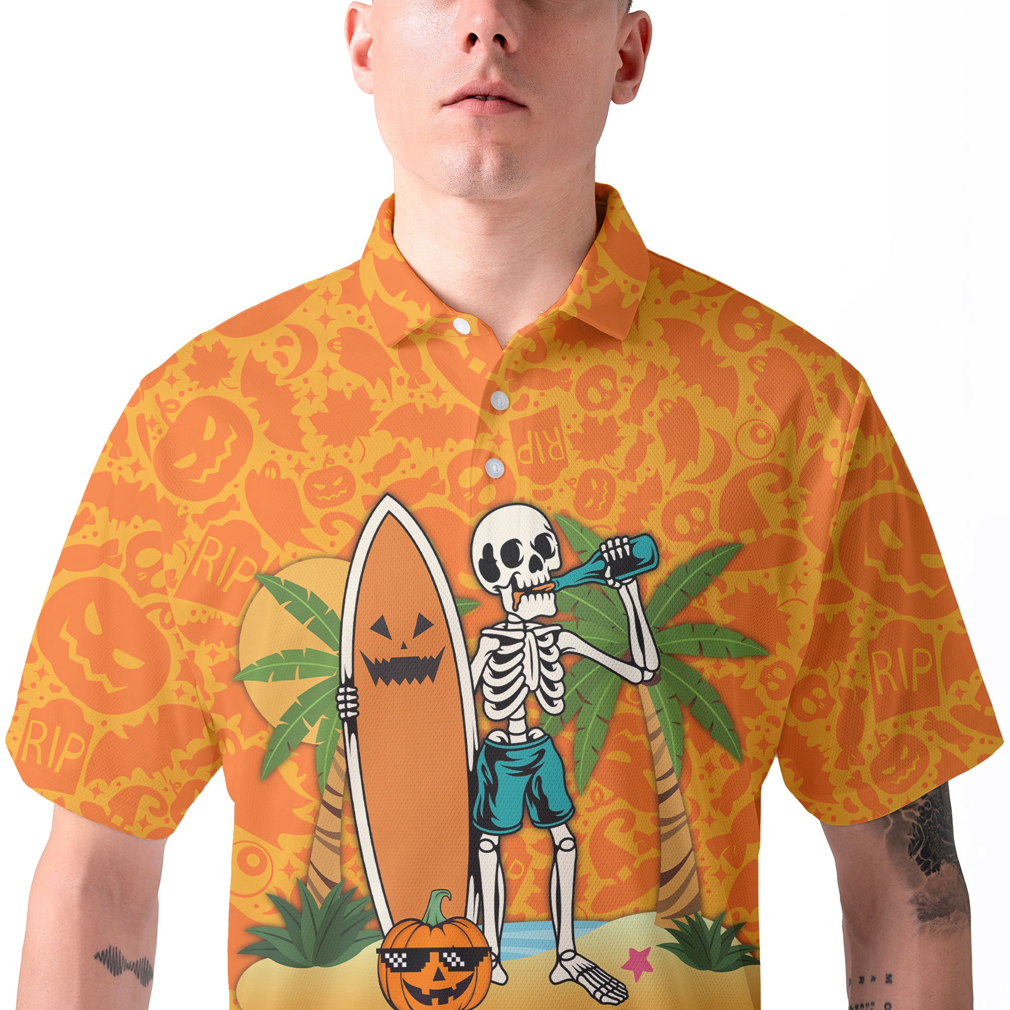 Skeleton Surfing Orange Halloween Ghost Pumpkins Pattern Polo Shirt - HYPERFAVOR