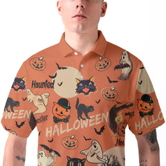 Orange Retro Halloween Ghost Pumpkins Polo Shirt - HYPERFAVOR