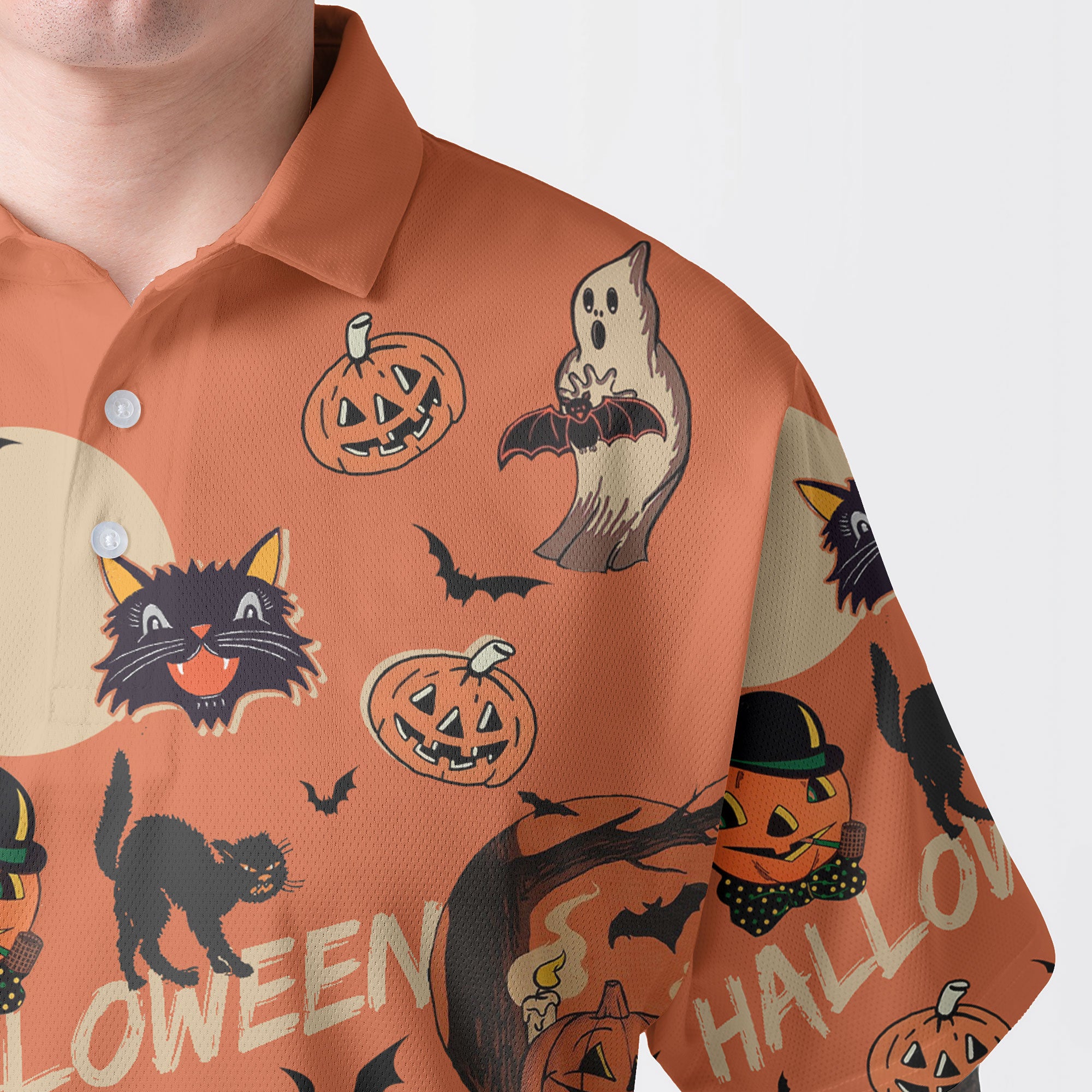 Orange Retro Halloween Ghost Pumpkins Polo Shirt - HYPERFAVOR