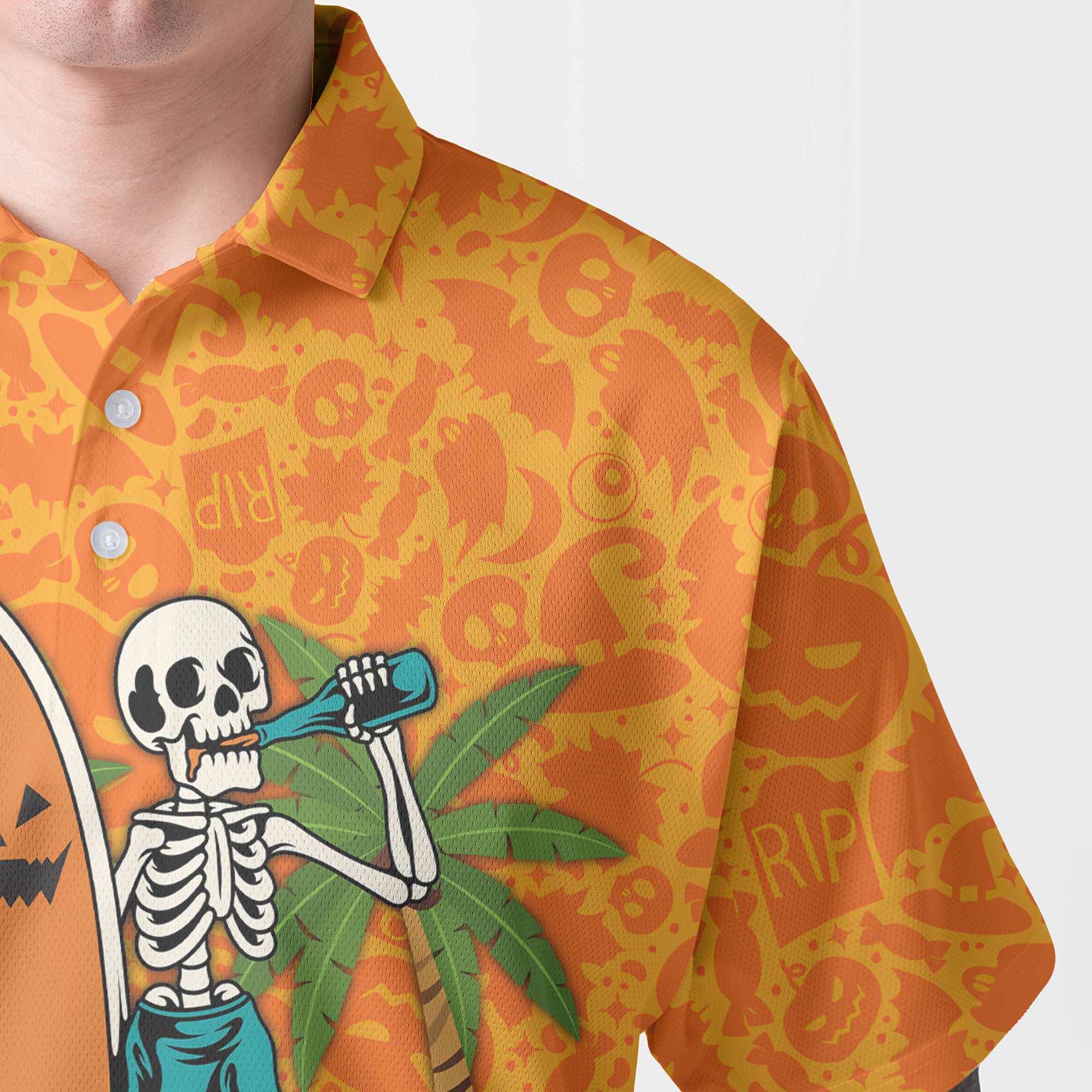 Skeleton Surfing Orange Halloween Ghost Pumpkins Pattern Polo Shirt - HYPERFAVOR