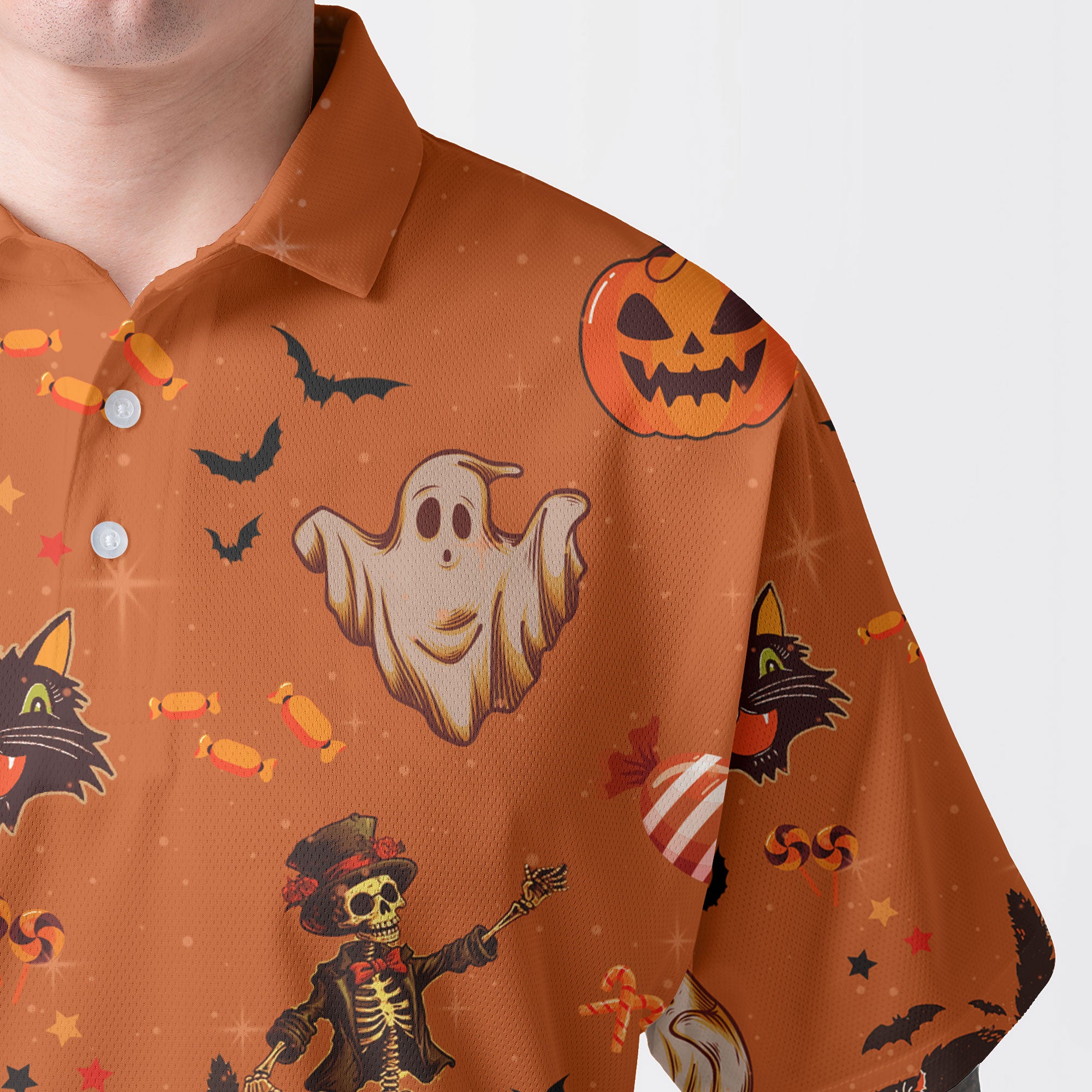 Orange Halloween Ghost Pumpkins Candle Skeleton Silhouette Polo Shirt - HYPERFAVOR