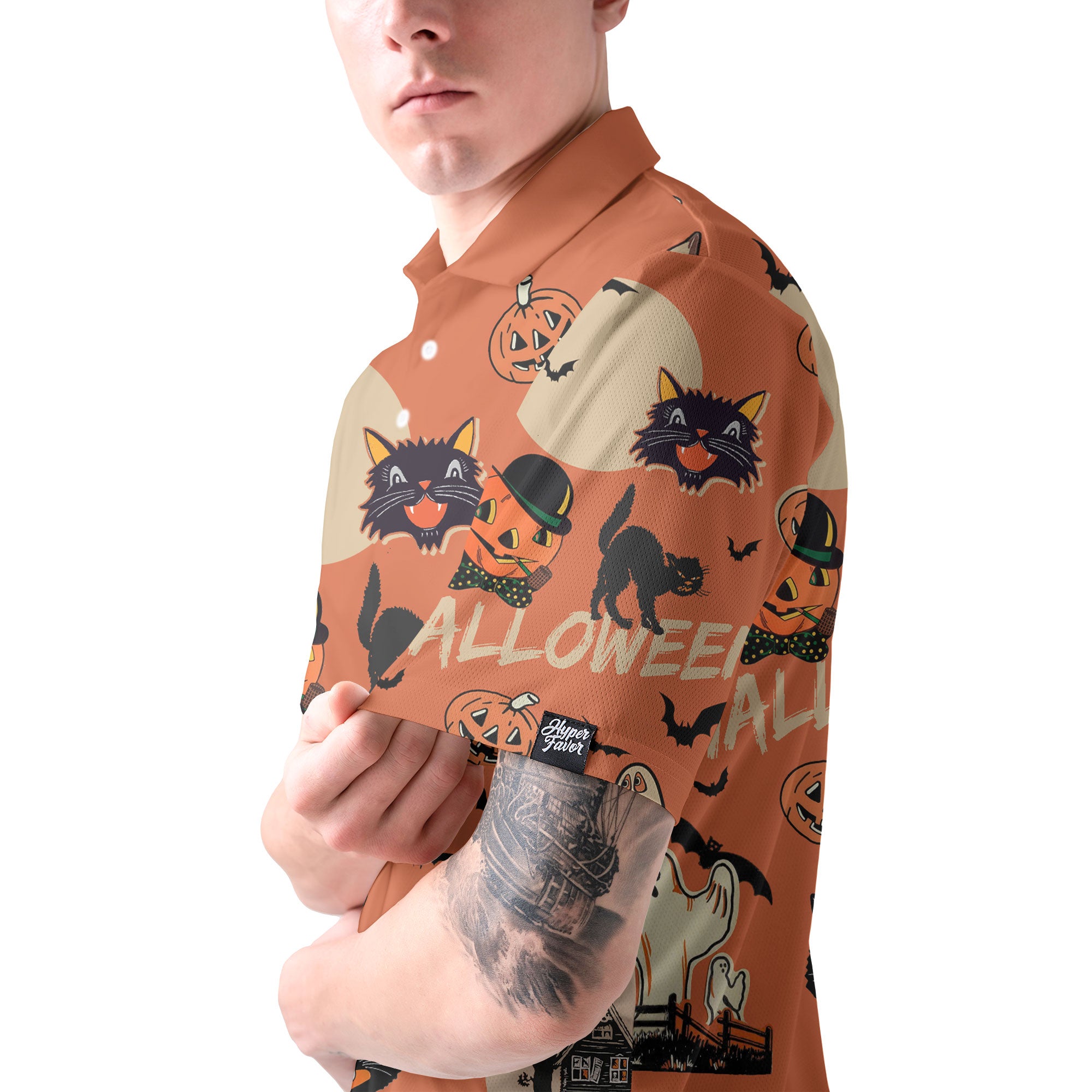 Orange Retro Halloween Ghost Pumpkins Polo Shirt - HYPERFAVOR