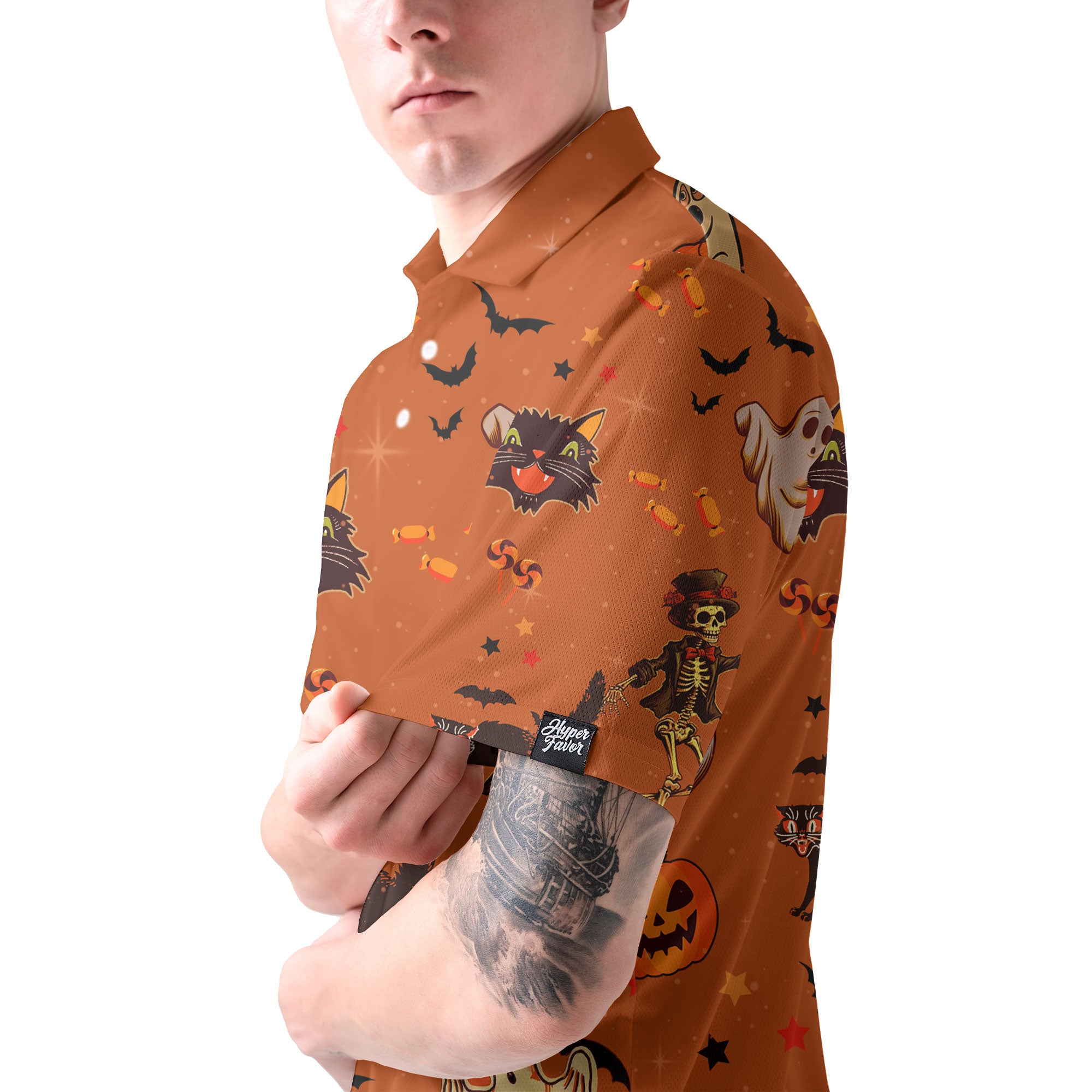 Orange Halloween Ghost Pumpkins Candle Skeleton Silhouette Polo Shirt - HYPERFAVOR