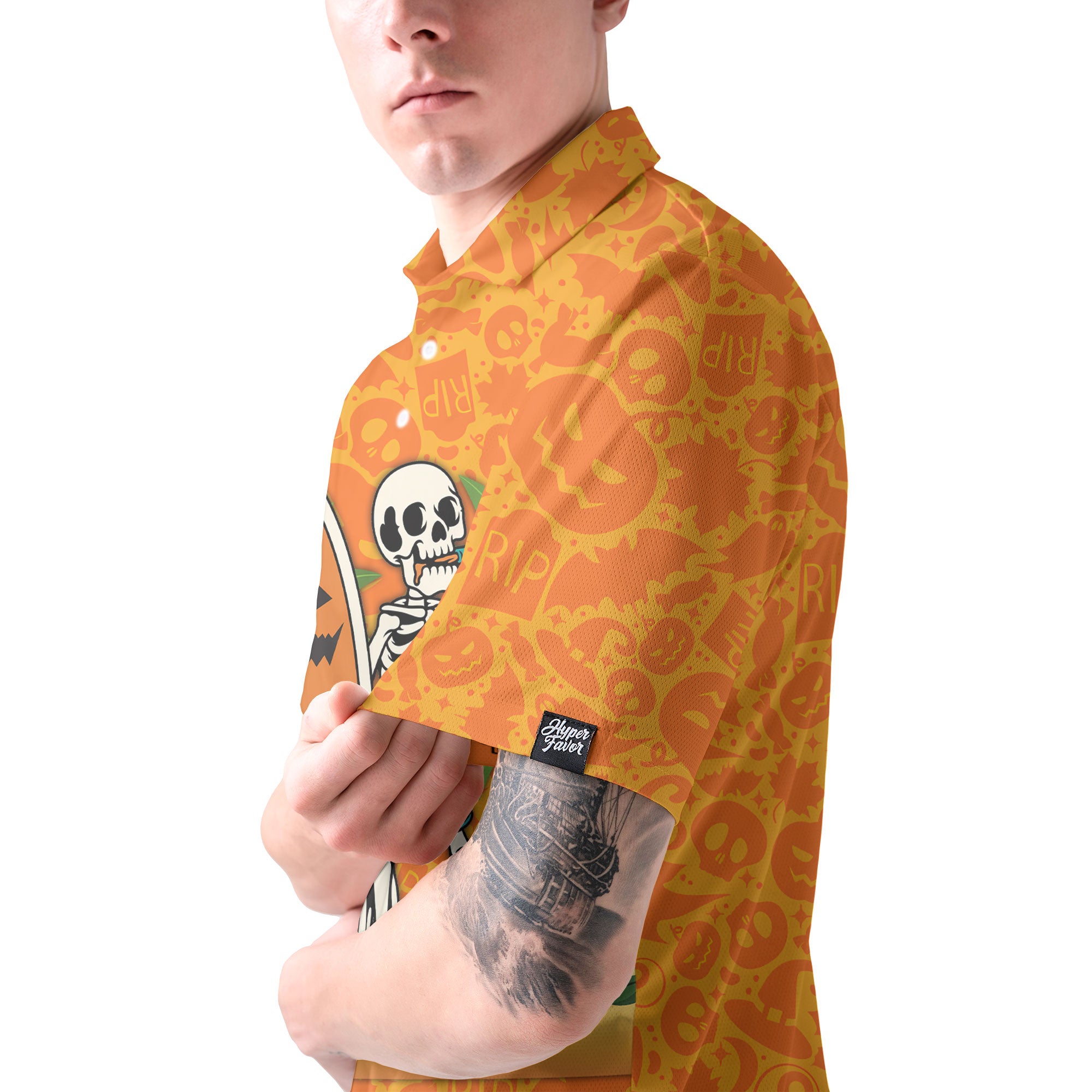 Skeleton Surfing Orange Halloween Ghost Pumpkins Pattern Polo Shirt - HYPERFAVOR