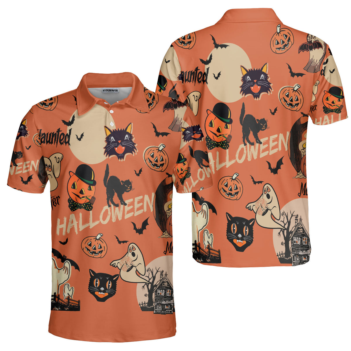 Orange Retro Halloween Ghost Pumpkins Polo Shirt - HYPERFAVOR