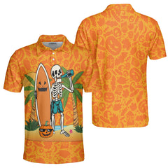 Skeleton Surfing Orange Halloween Ghost Pumpkins Pattern Polo Shirt - HYPERFAVOR