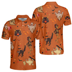 Orange Halloween Ghost Pumpkins Candle Skeleton Silhouette Polo Shirt - HYPERFAVOR