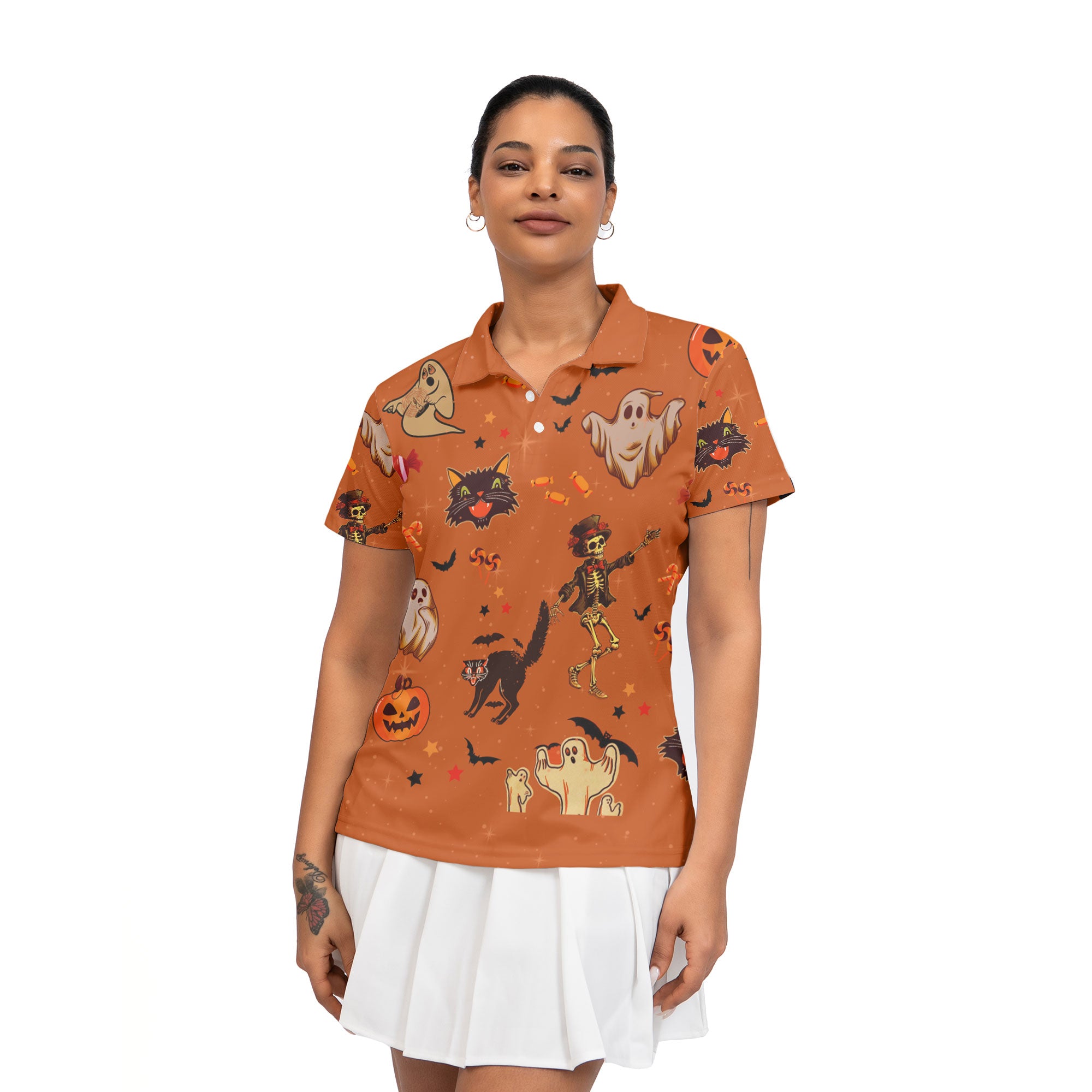 Orange Retro Halloween Ghost Pumpkins Women Polo Shirt - HYPERFAVOR