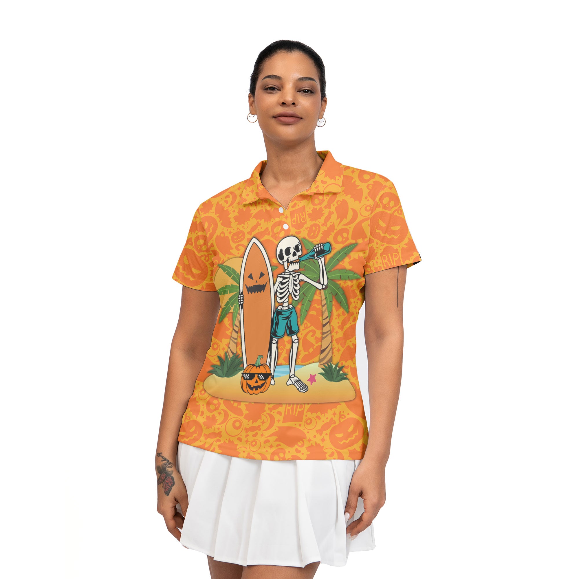 Skeleton Surfing Orange Halloween Ghost Pumpkins Woman Polo Shirt - HYPERFAVOR