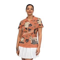 Orange Retro Halloween Ghost Pumpkins Woman Polo Shirt - HYPERFAVOR