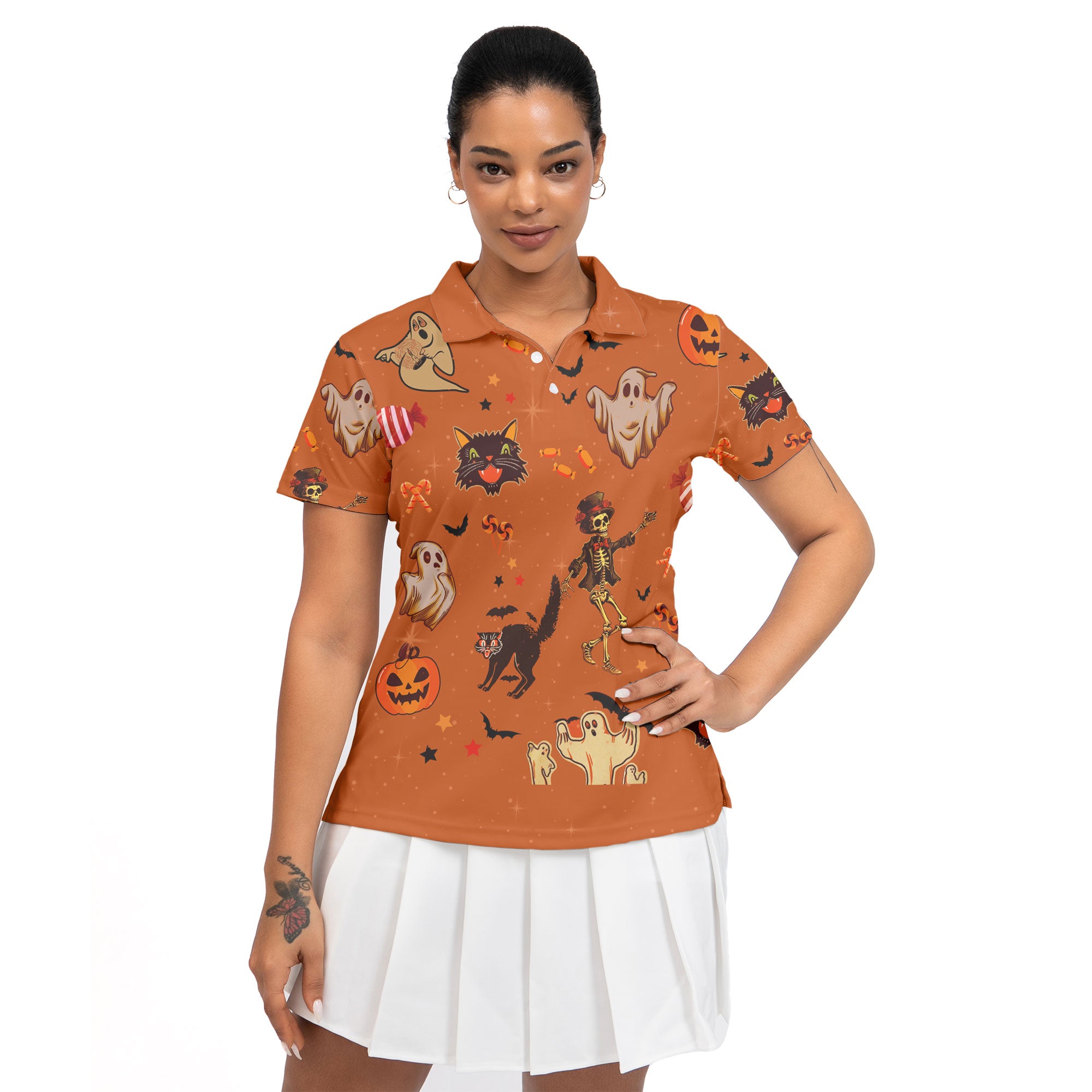 Orange Retro Halloween Ghost Pumpkins Women Polo Shirt - HYPERFAVOR