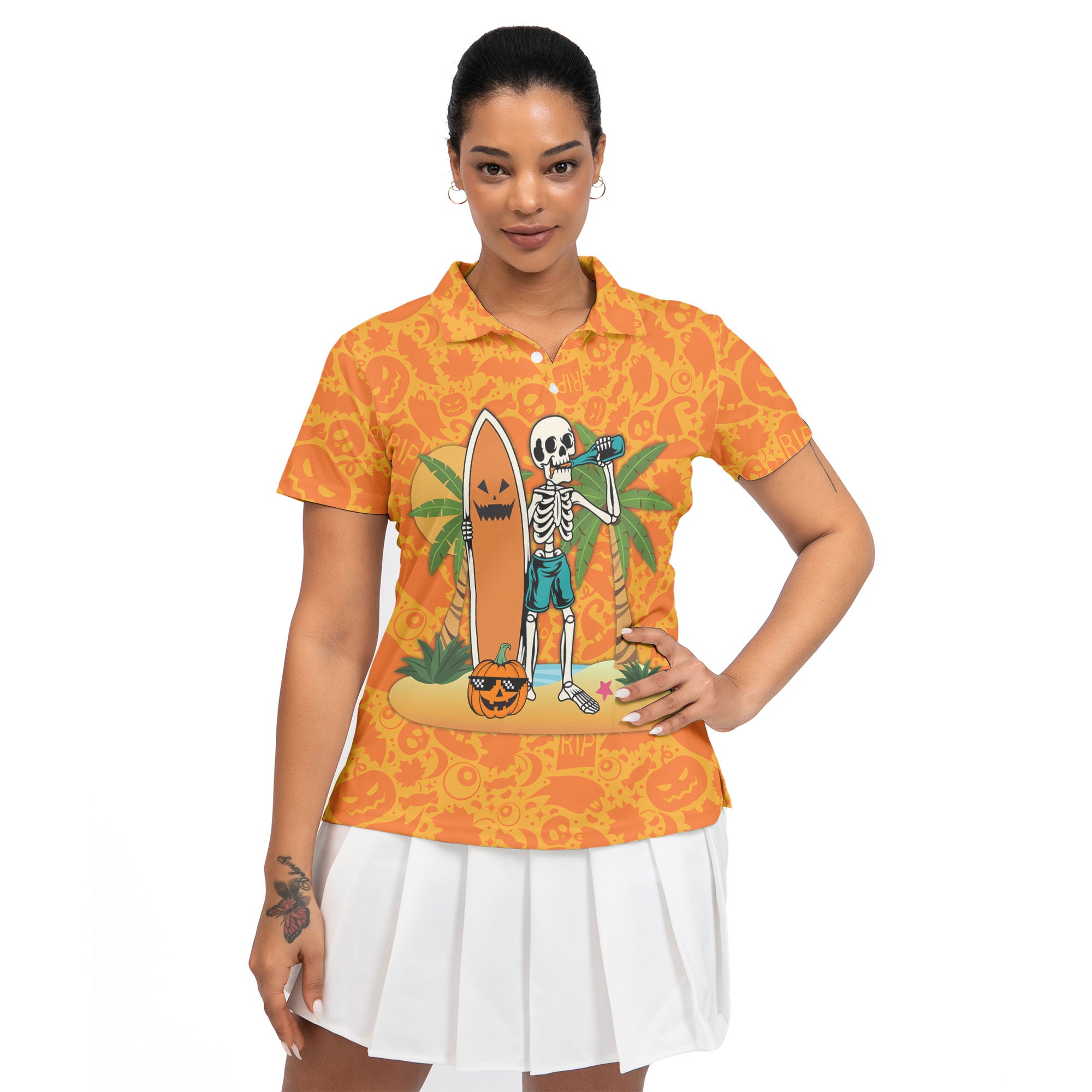 Skeleton Surfing Orange Halloween Ghost Pumpkins Woman Polo Shirt - HYPERFAVOR