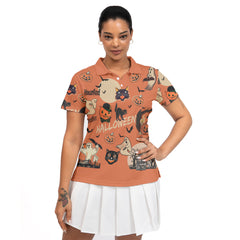 Orange Retro Halloween Ghost Pumpkins Woman Polo Shirt - HYPERFAVOR