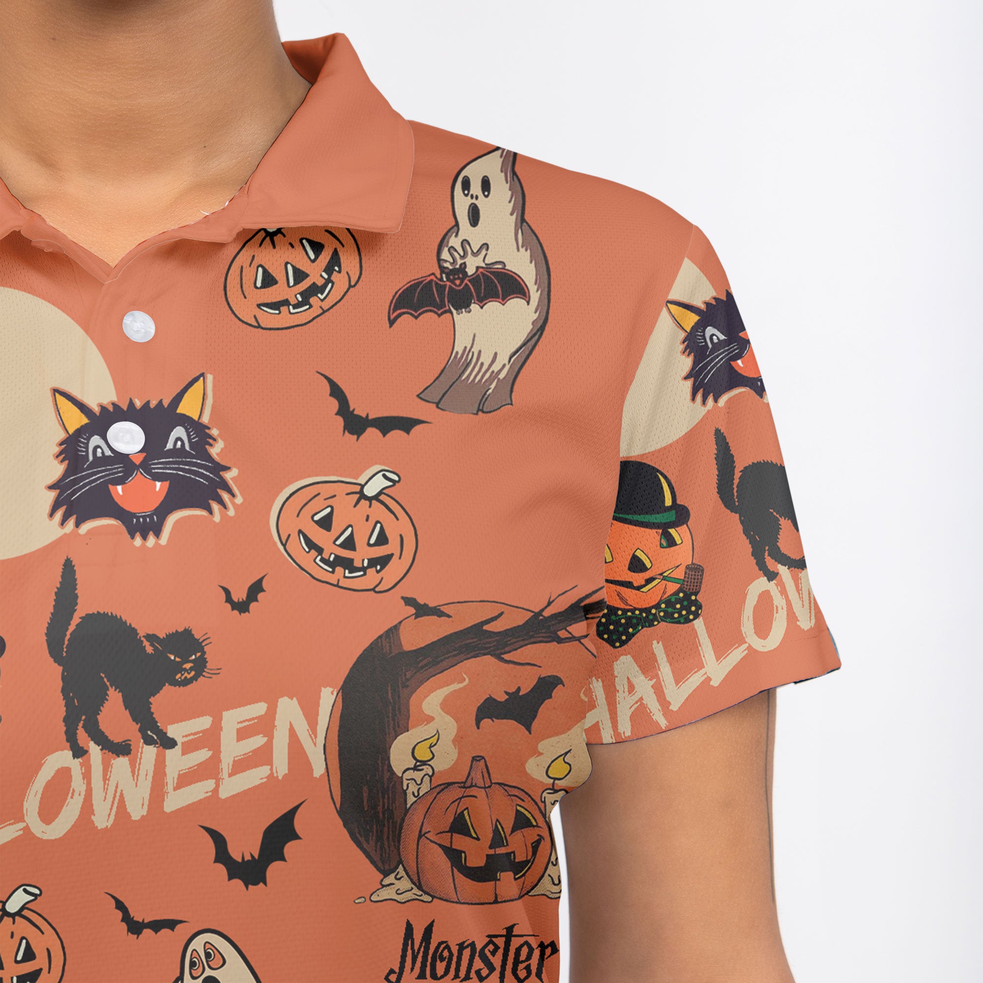 Orange Retro Halloween Ghost Pumpkins Woman Polo Shirt - HYPERFAVOR