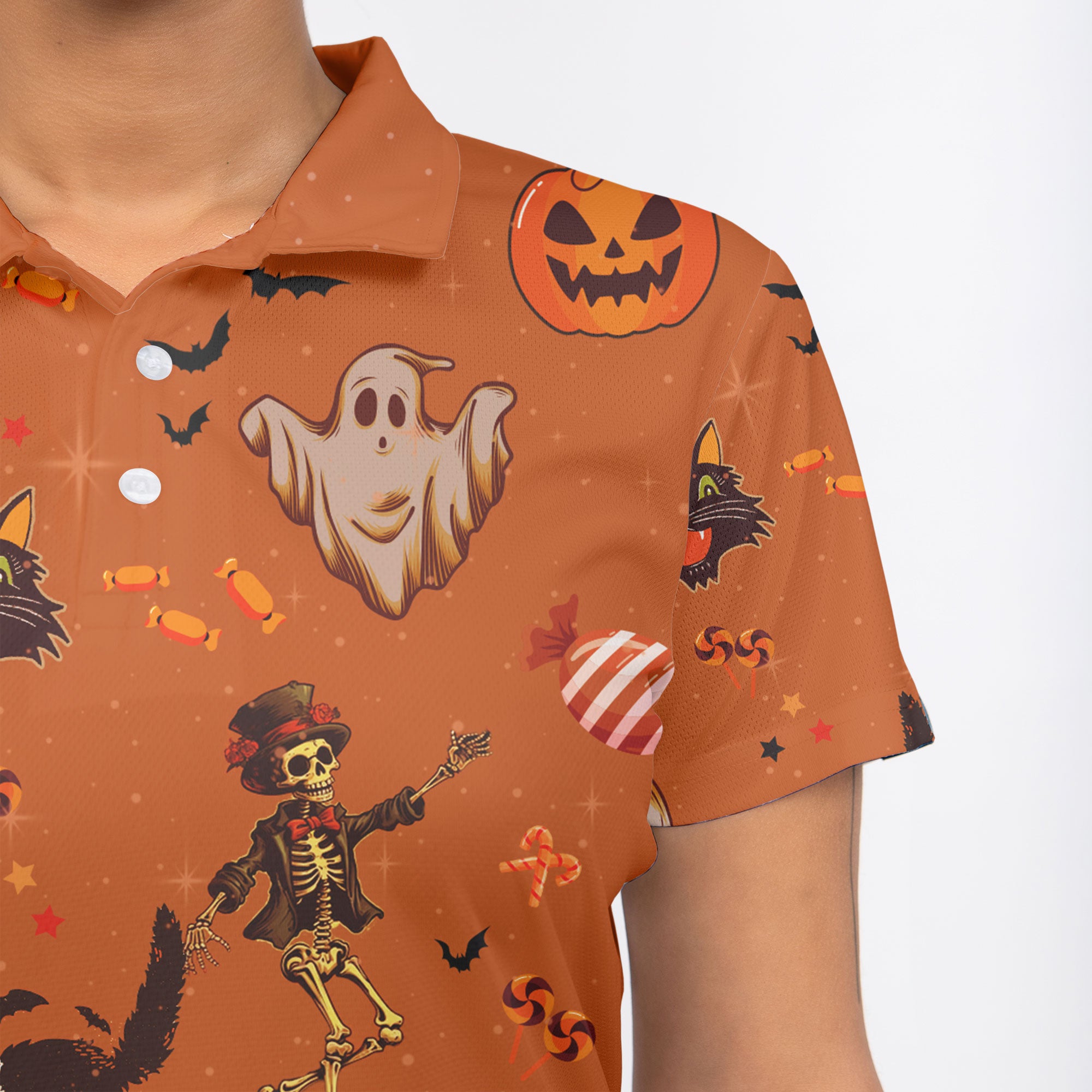 Orange Retro Halloween Ghost Pumpkins Women Polo Shirt - HYPERFAVOR