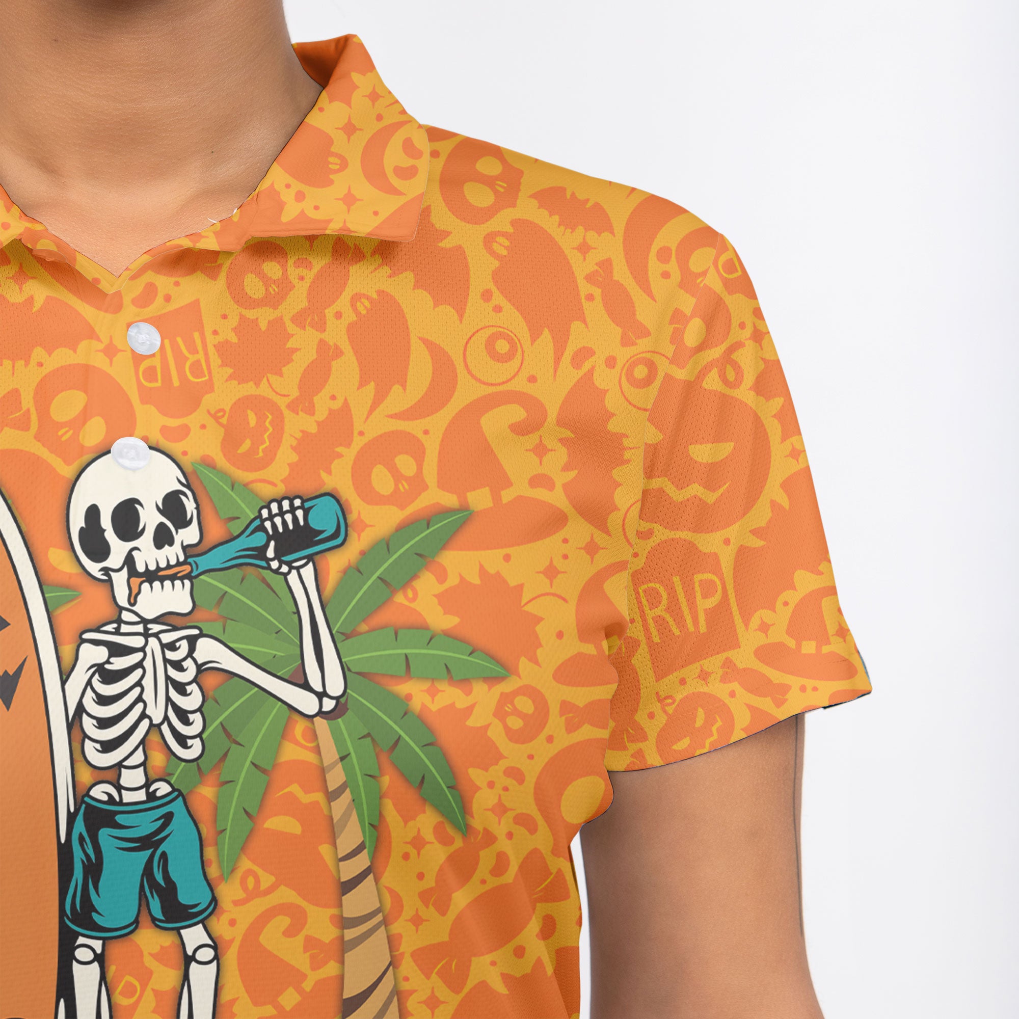 Skeleton Surfing Orange Halloween Ghost Pumpkins Woman Polo Shirt - HYPERFAVOR