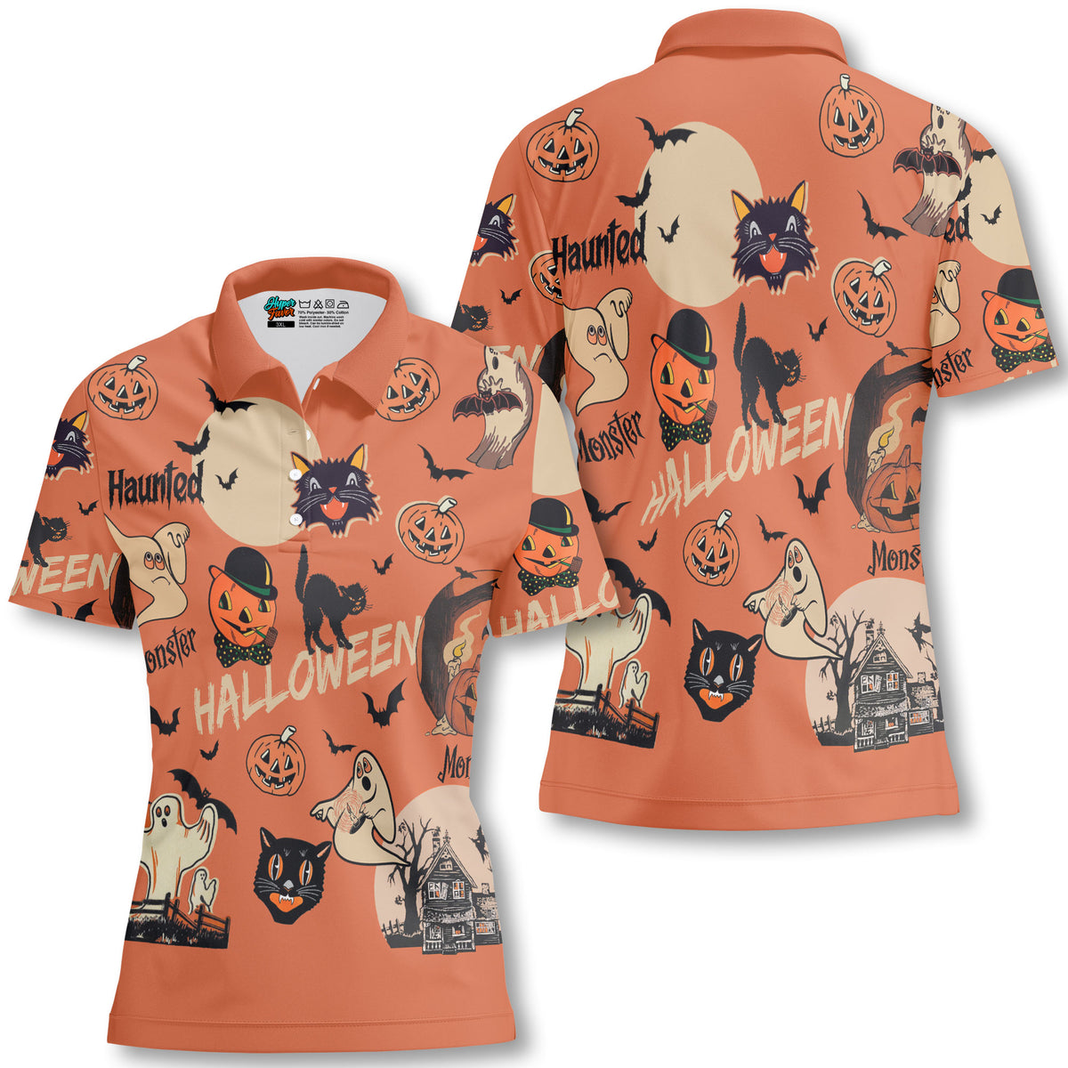 Orange Retro Halloween Ghost Pumpkins Woman Polo Shirt - HYPERFAVOR