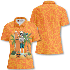 Skeleton Surfing Orange Halloween Ghost Pumpkins Woman Polo Shirt - HYPERFAVOR