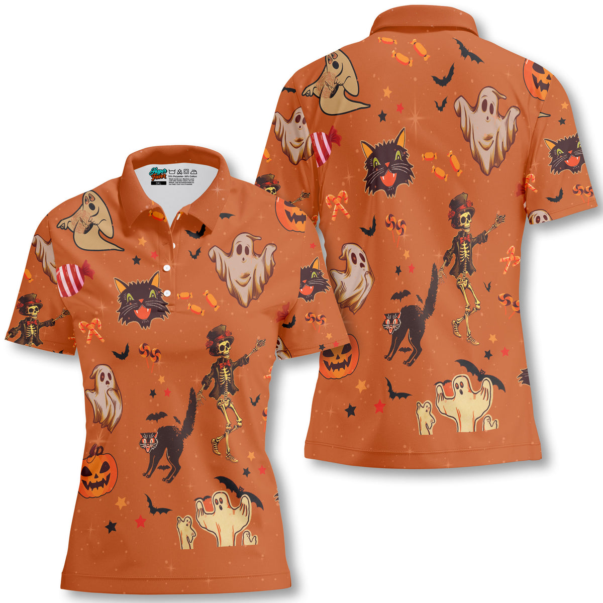 Orange Retro Halloween Ghost Pumpkins Women Polo Shirt - HYPERFAVOR