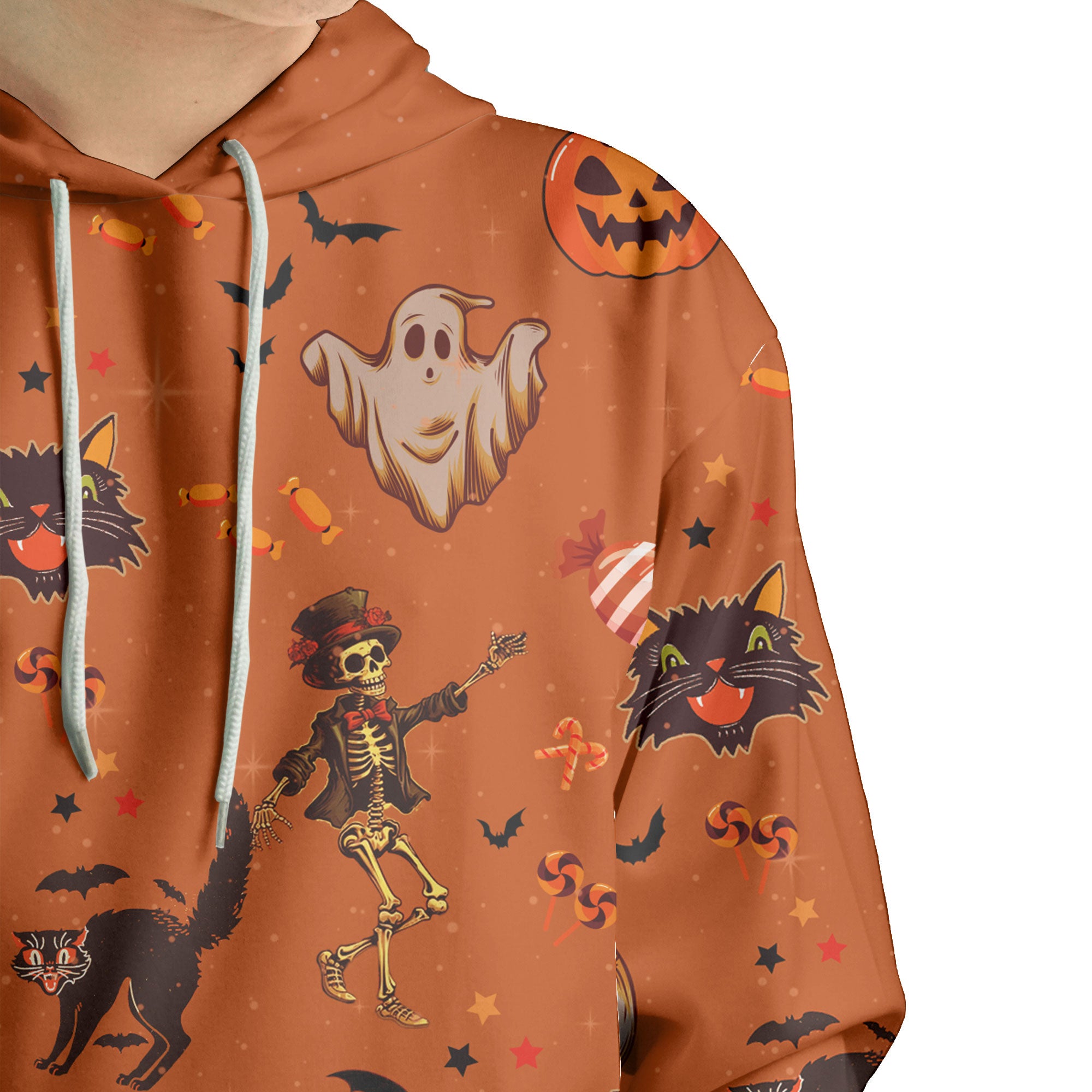 Orange Halloween Ghost Pumpkins Candle Skeleton Silhouette Hoodie - HYPERFAVOR