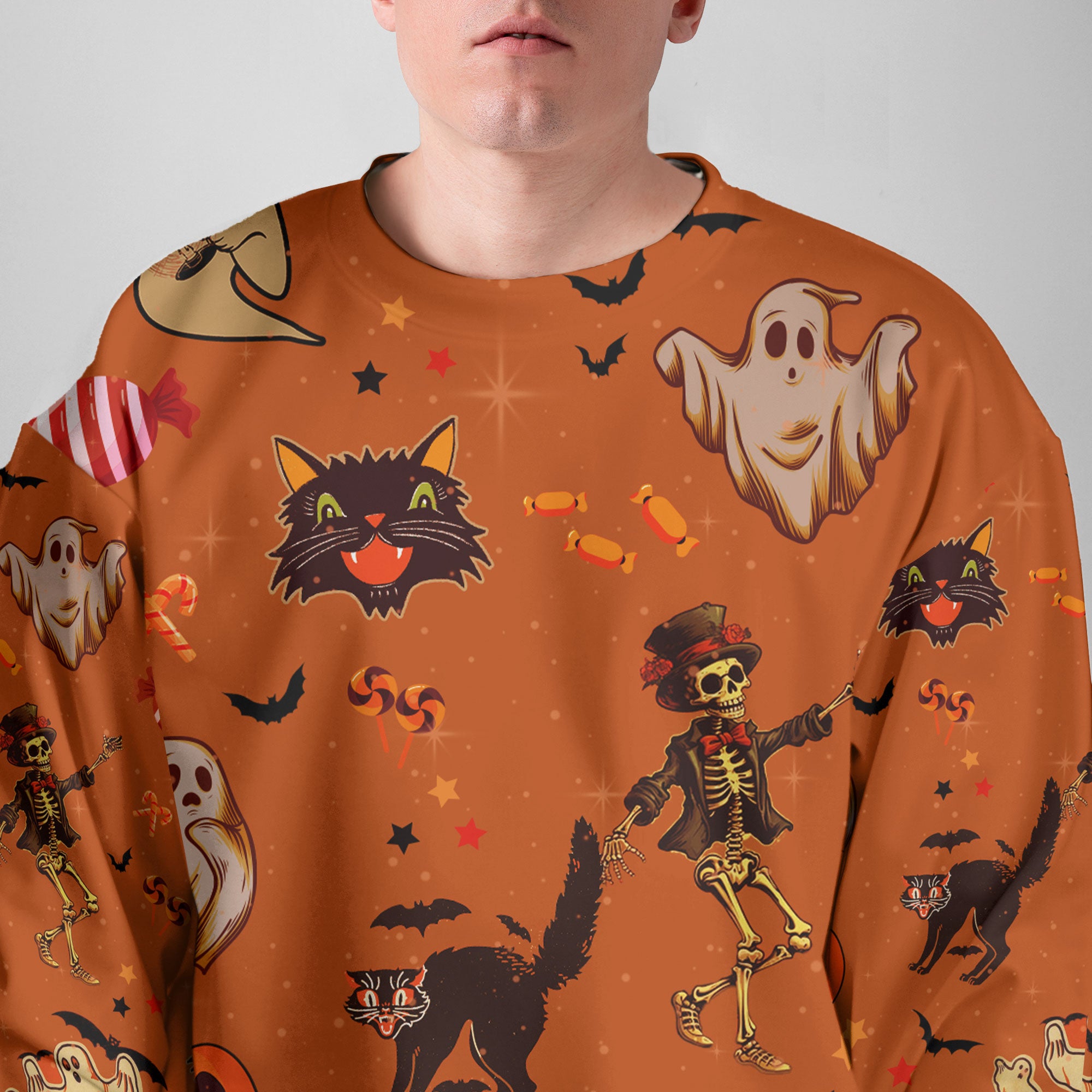 Orange Halloween Ghost Pumpkins Candle Skeleton Silhouette Sweatshirt - HYPERFAVOR