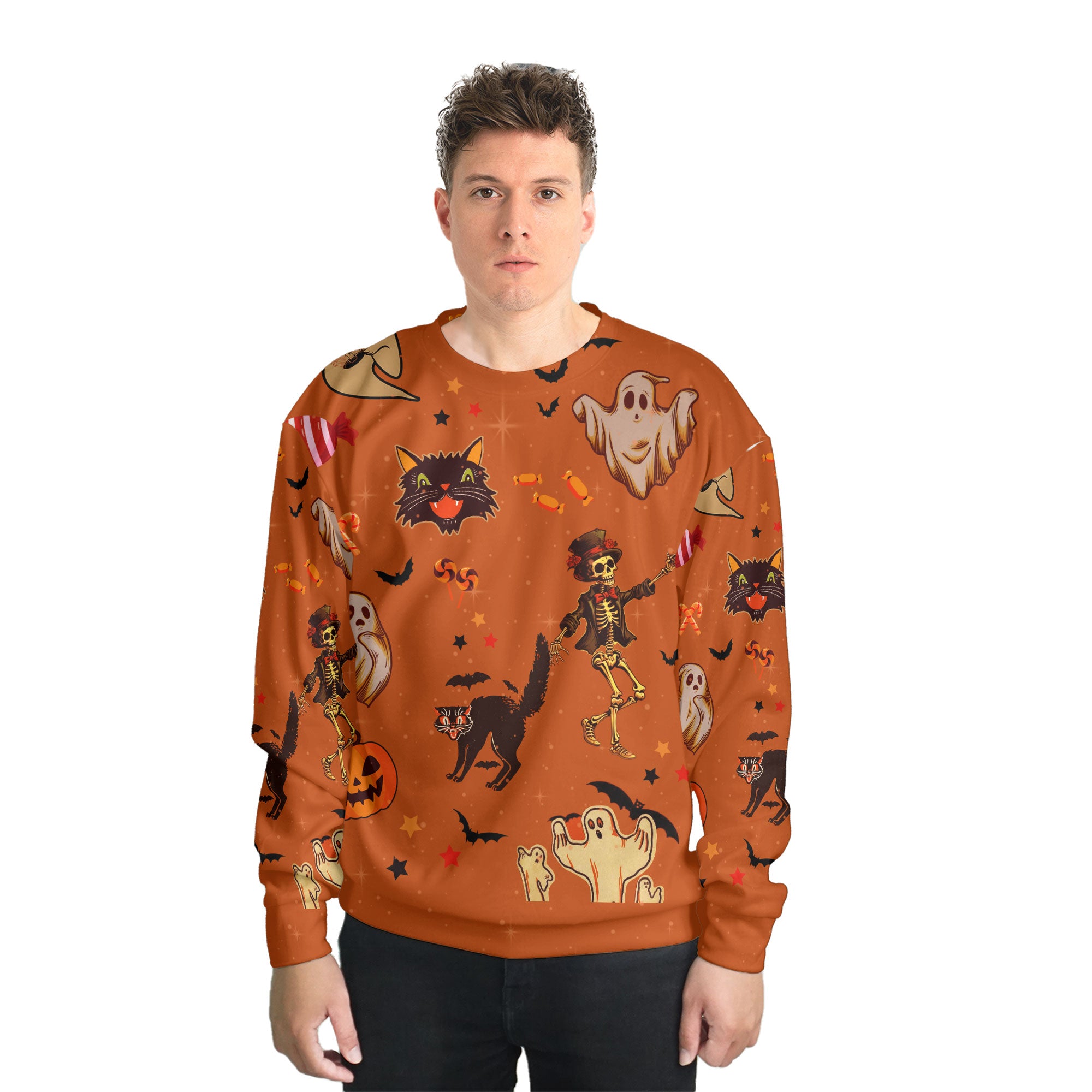 Orange Halloween Ghost Pumpkins Candle Skeleton Silhouette Sweatshirt - HYPERFAVOR