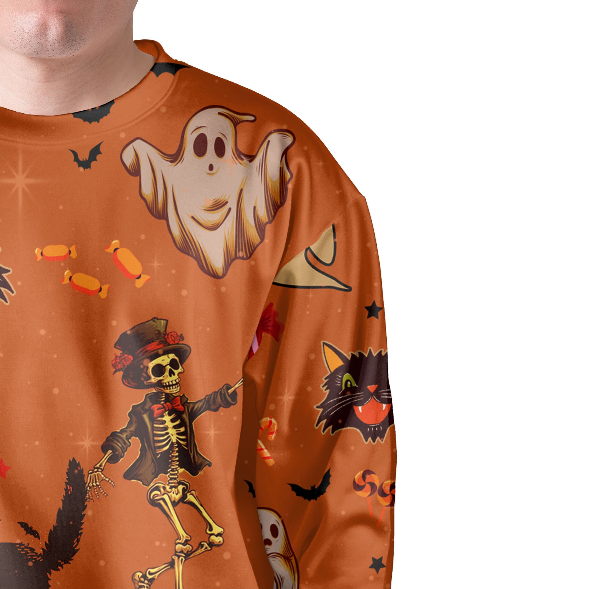 Orange Halloween Ghost Pumpkins Candle Skeleton Silhouette Sweatshirt - HYPERFAVOR