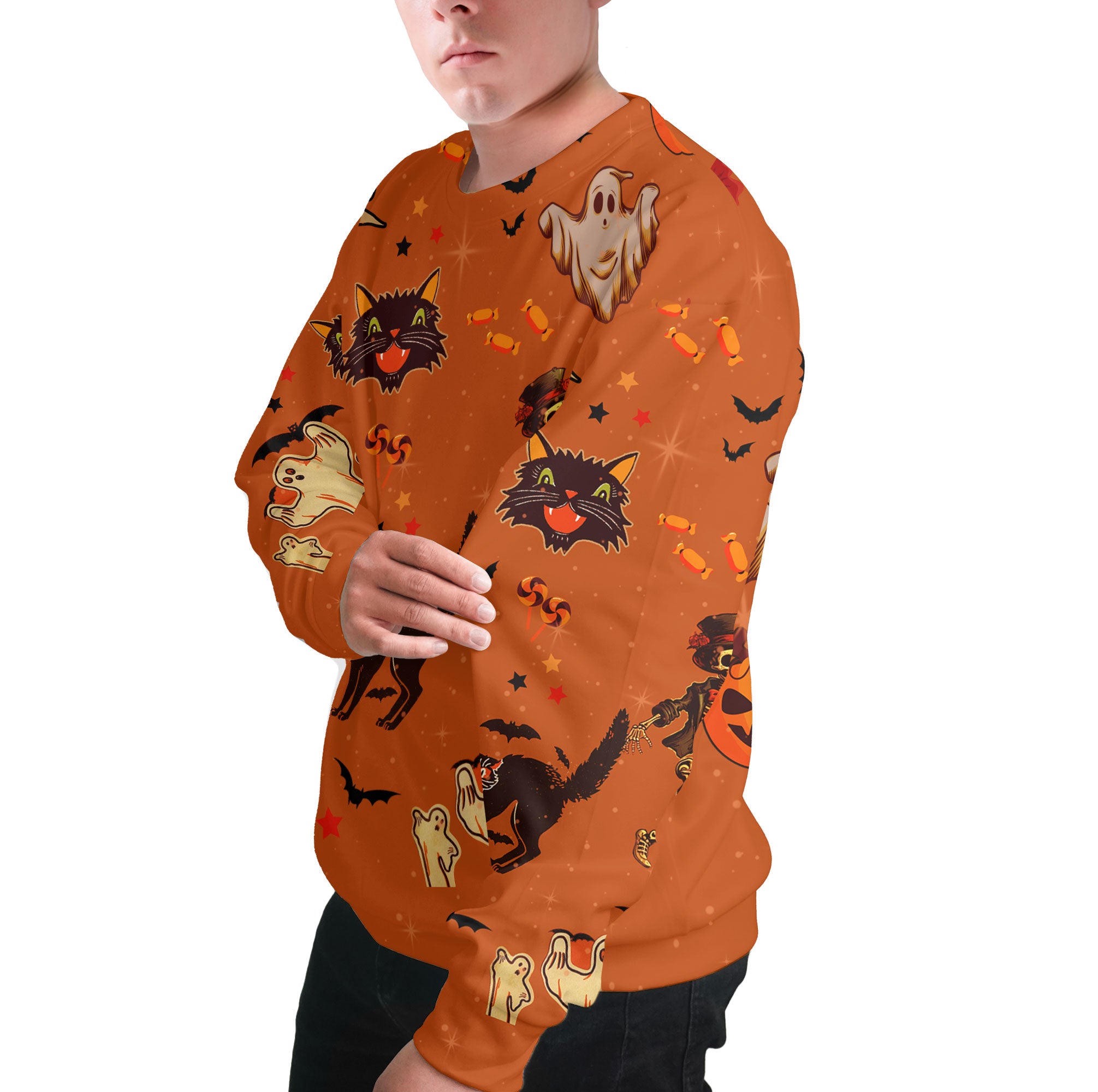 Orange Halloween Ghost Pumpkins Candle Skeleton Silhouette Sweatshirt - HYPERFAVOR