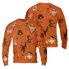 Orange Halloween Ghost Pumpkins Candle Skeleton Silhouette Sweatshirt - HYPERFAVOR