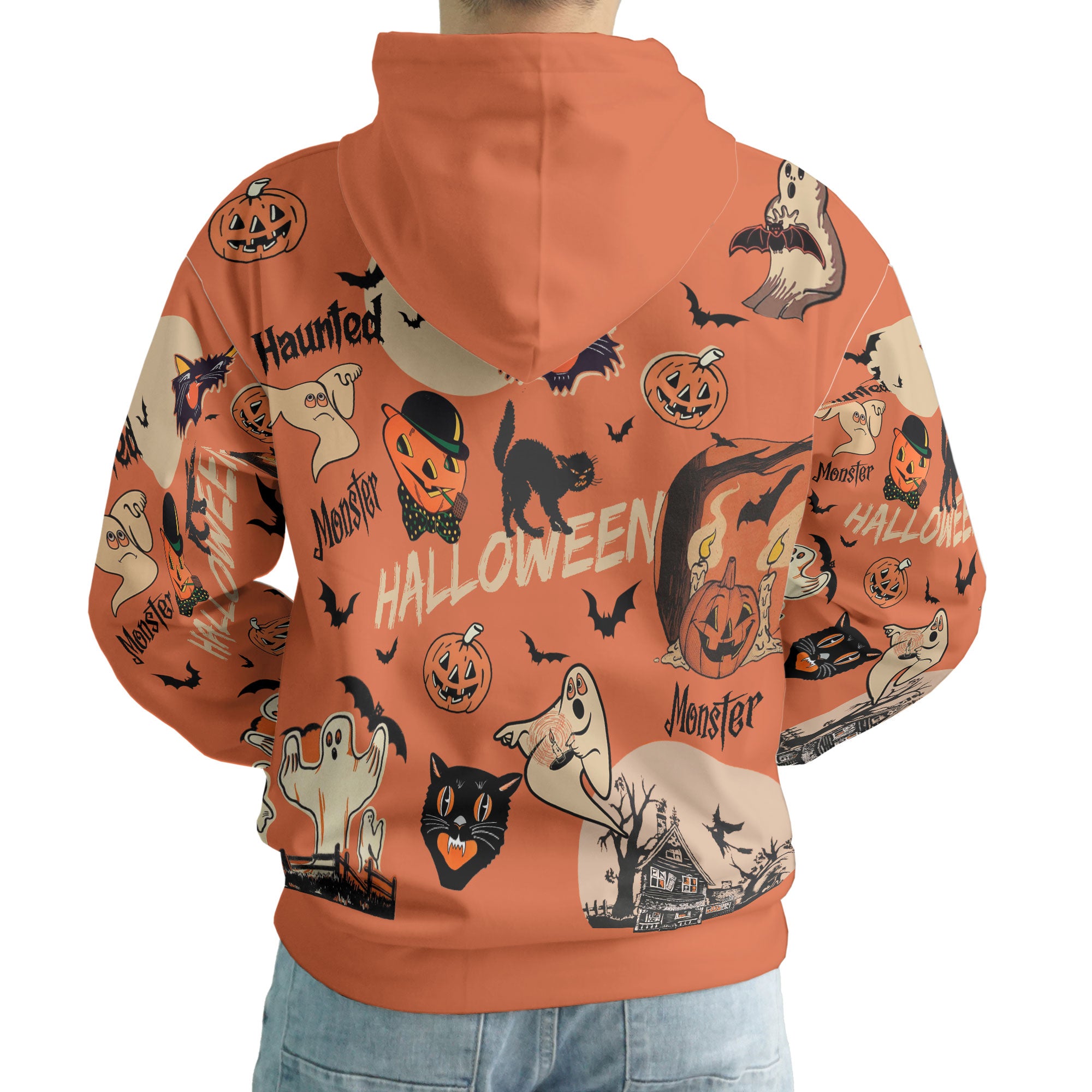 Orange Retro Halloween Ghost Pumpkins Hoodie - HYPERFAVOR