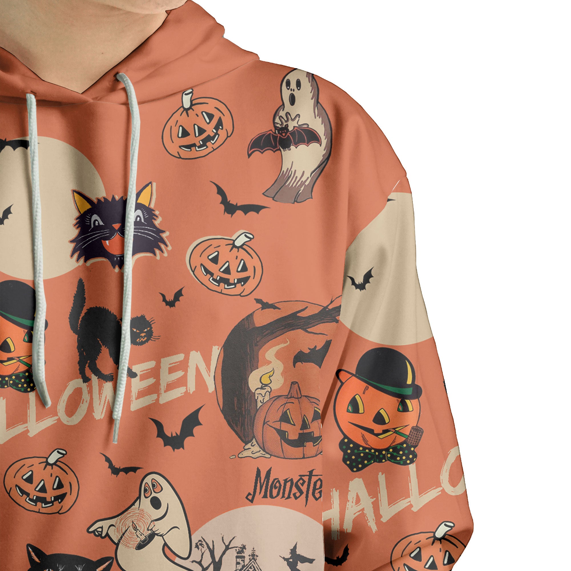 Orange Retro Halloween Ghost Pumpkins Hoodie - HYPERFAVOR