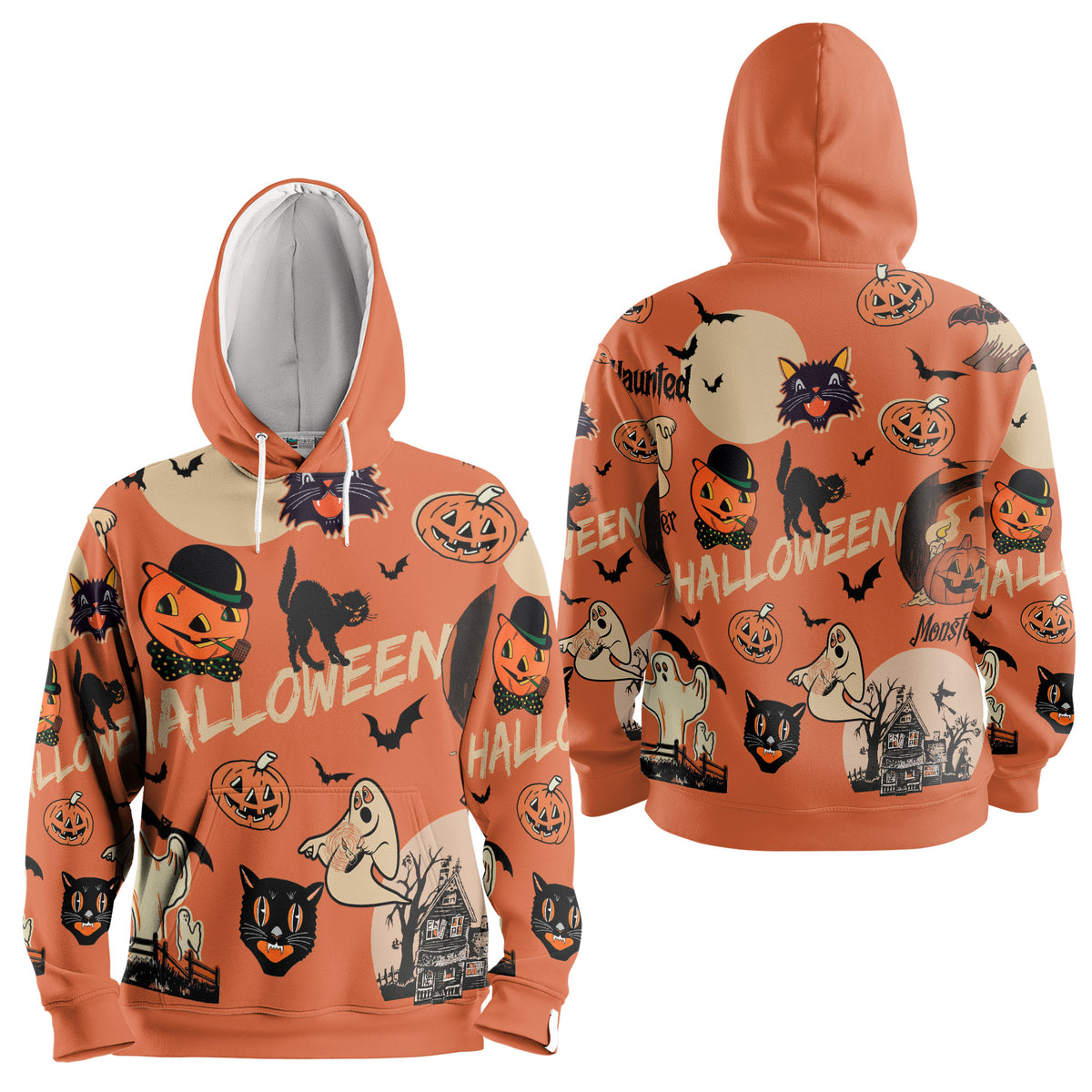 Orange Retro Halloween Ghost Pumpkins Hoodie - HYPERFAVOR