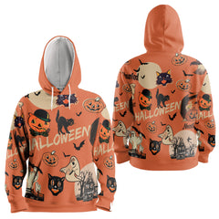 Orange Retro Halloween Ghost Pumpkins Hoodie - HYPERFAVOR