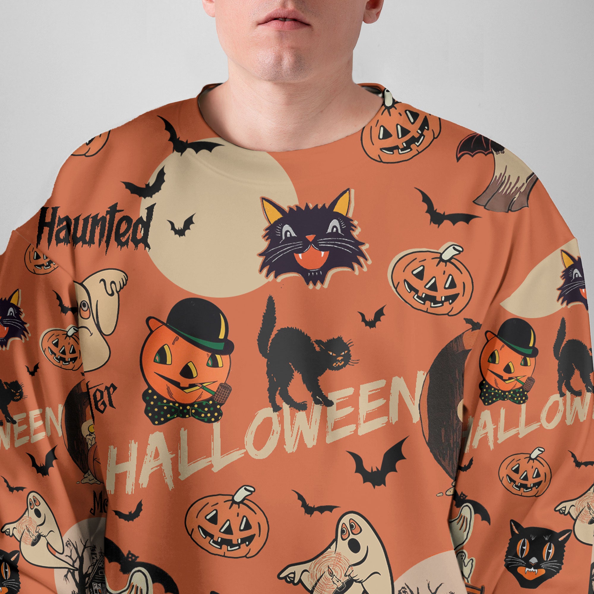 Orange Retro Halloween Ghost Pumpkins Sweatshirt - HYPERFAVOR