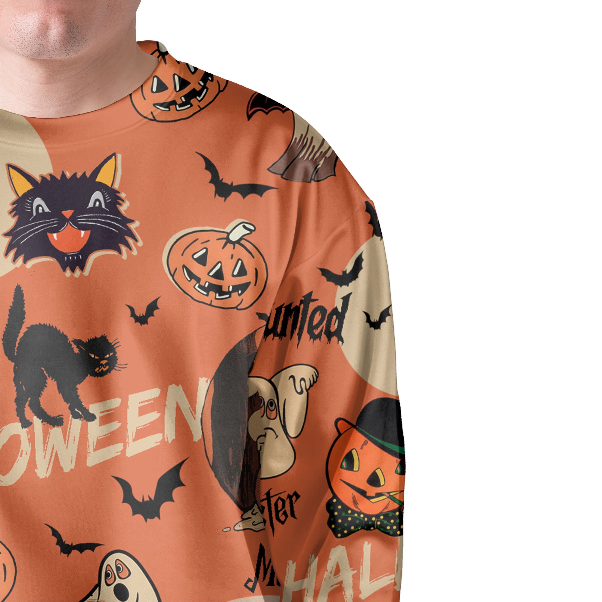 Orange Retro Halloween Ghost Pumpkins Sweatshirt - HYPERFAVOR