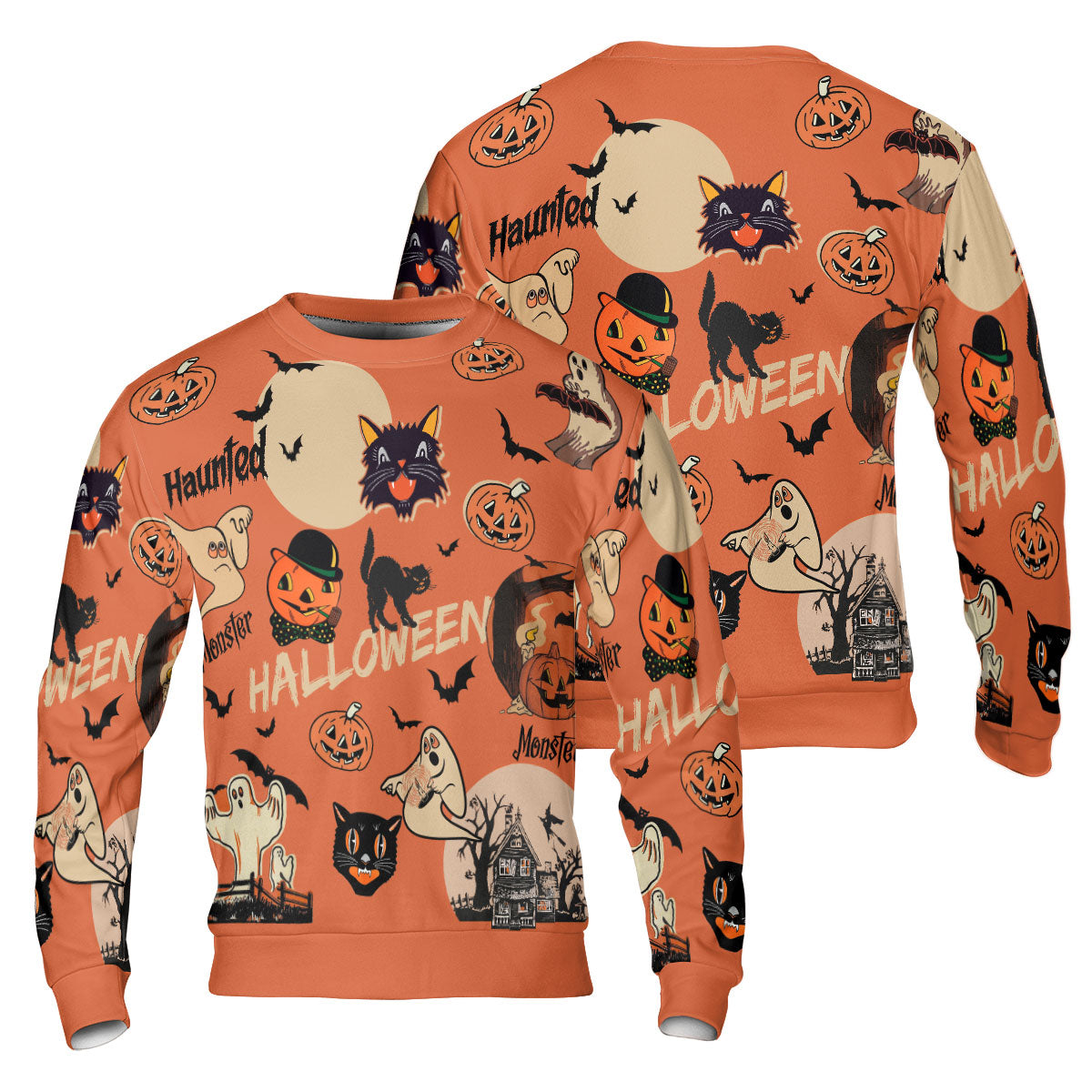 Orange Retro Halloween Ghost Pumpkins Sweatshirt - HYPERFAVOR