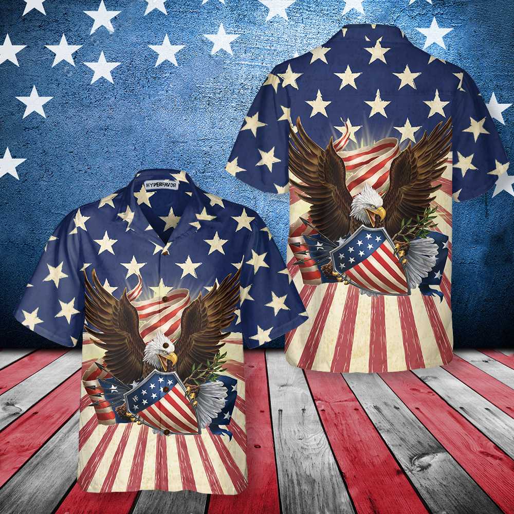 Patriotic Eagle Defending Honor And America Hawaiian Shirt, American Flag Button-down Shirt