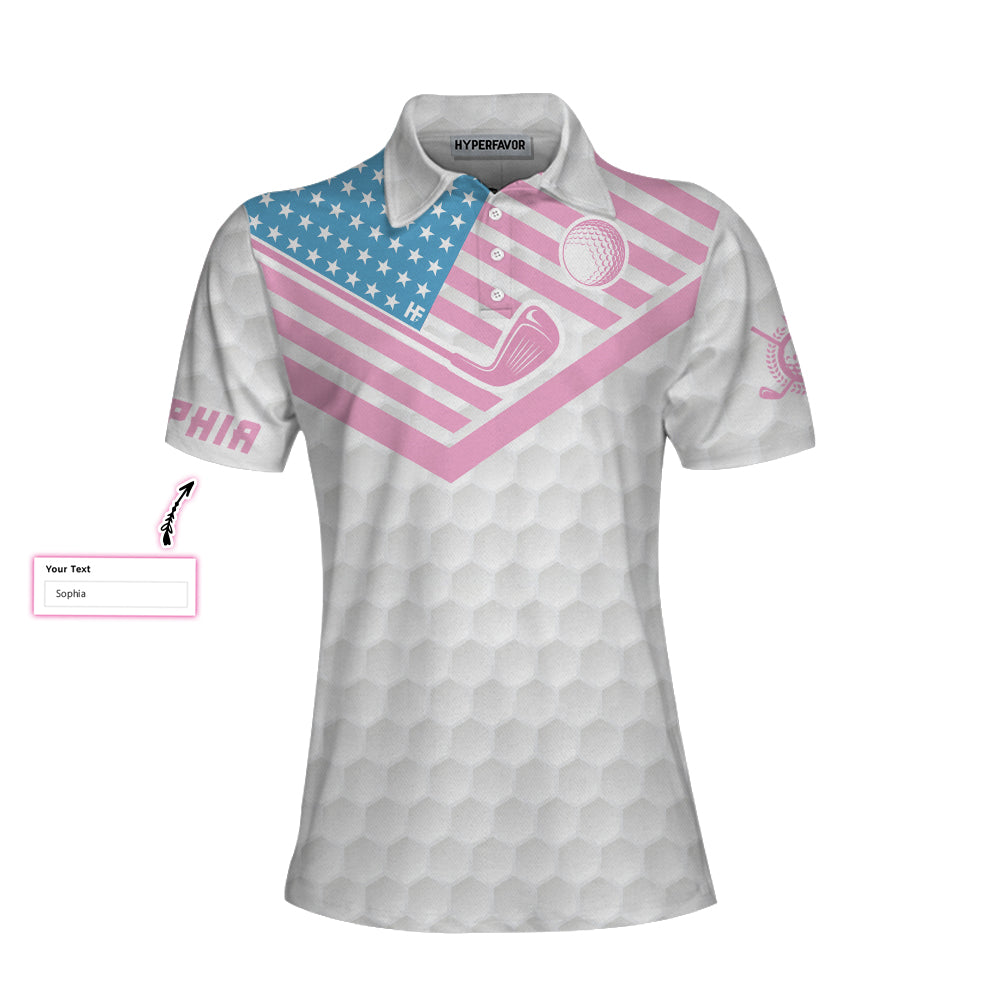Personalize Queen Of The Golf Course Golf Custom Short Sleeve Women Polo Shirt, Golf Texture American Flag Polo Shirt For Ladies