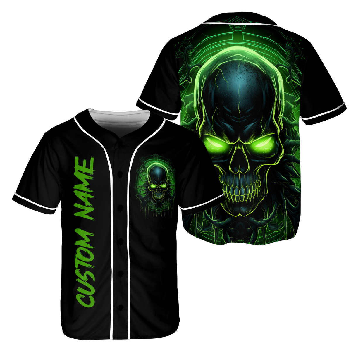 Personalized Green Lightning Evil Skull Baseball Jersey - HYPERFAVOR