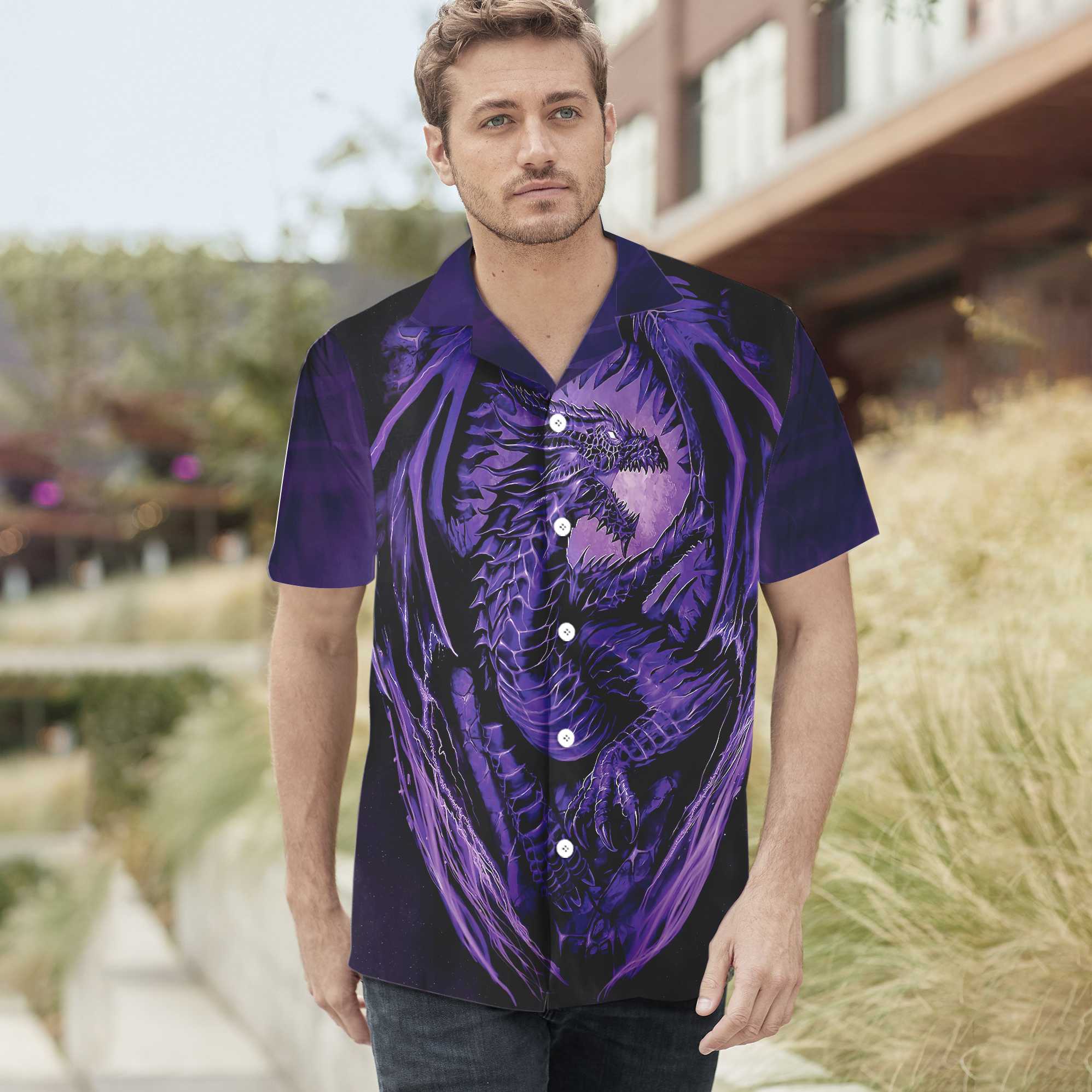 Purple Neon Dragon Hawaiian Shirt, Black And Purple Dragon Shirt, Best Gift For Dragon Lovers