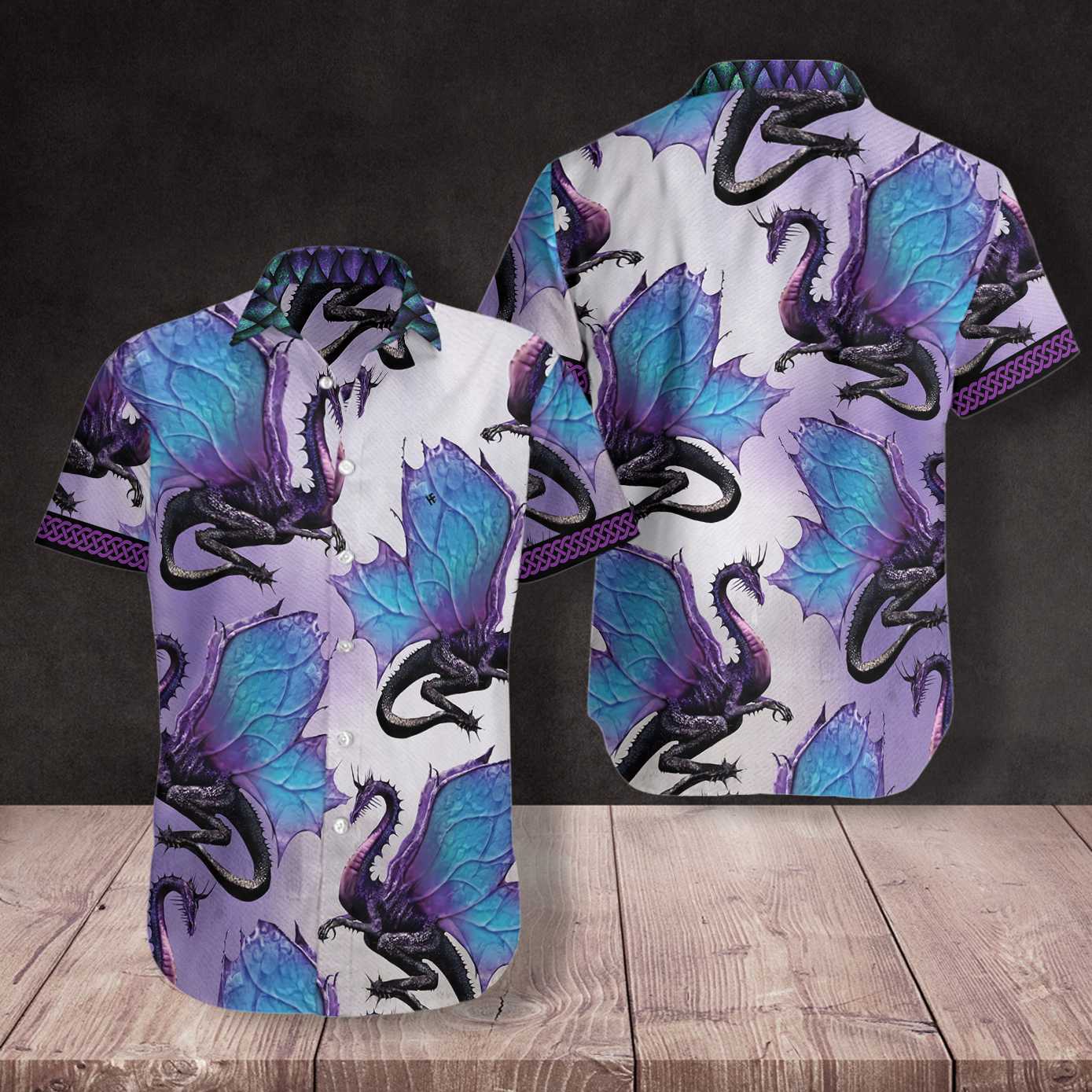 Purple Ombre Dragon Hawaiian Shirt, 3D Neon Dragon Shirt, Best Gift For Dragon Lovers