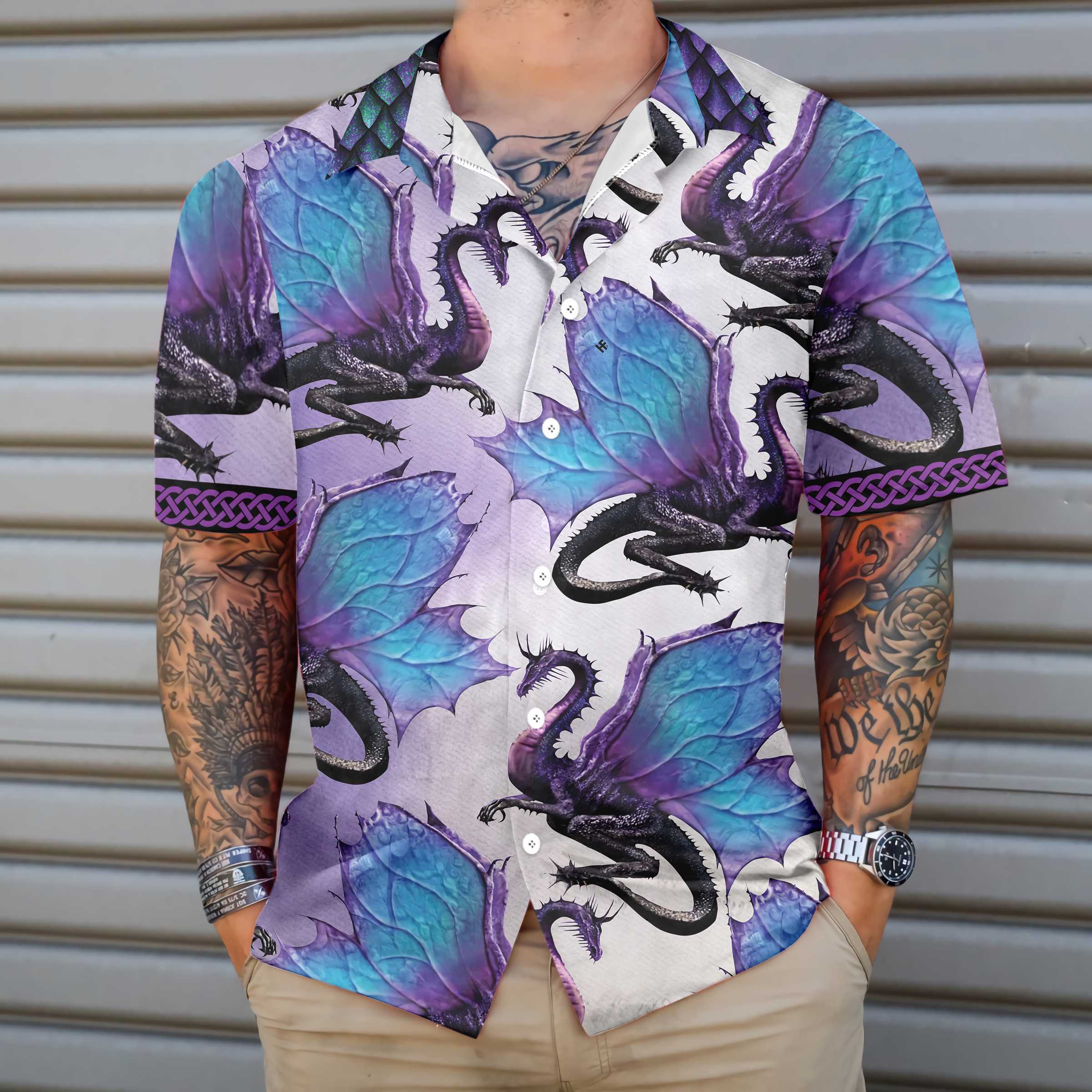 Purple Ombre Dragon Hawaiian Shirt, 3D Neon Dragon Shirt, Best Gift For Dragon Lovers