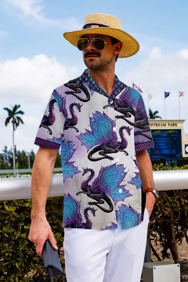 Purple Ombre Dragon Hawaiian Shirt, 3D Neon Dragon Shirt, Best Gift For Dragon Lovers