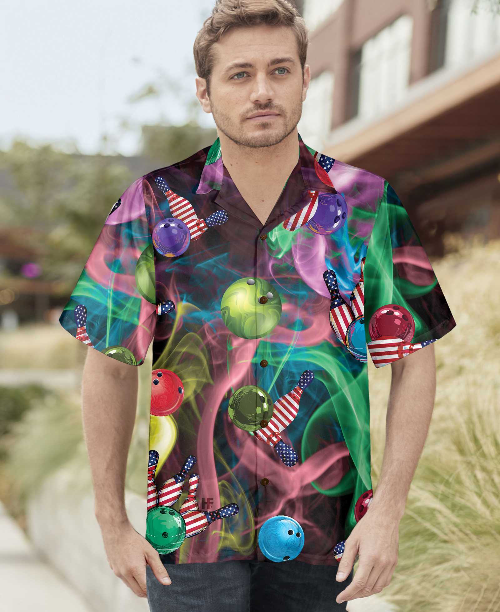 Rainbow Smoke And American Flag Bowling Hawaiian Shirt, Best Bowling Shirt For Men And Women