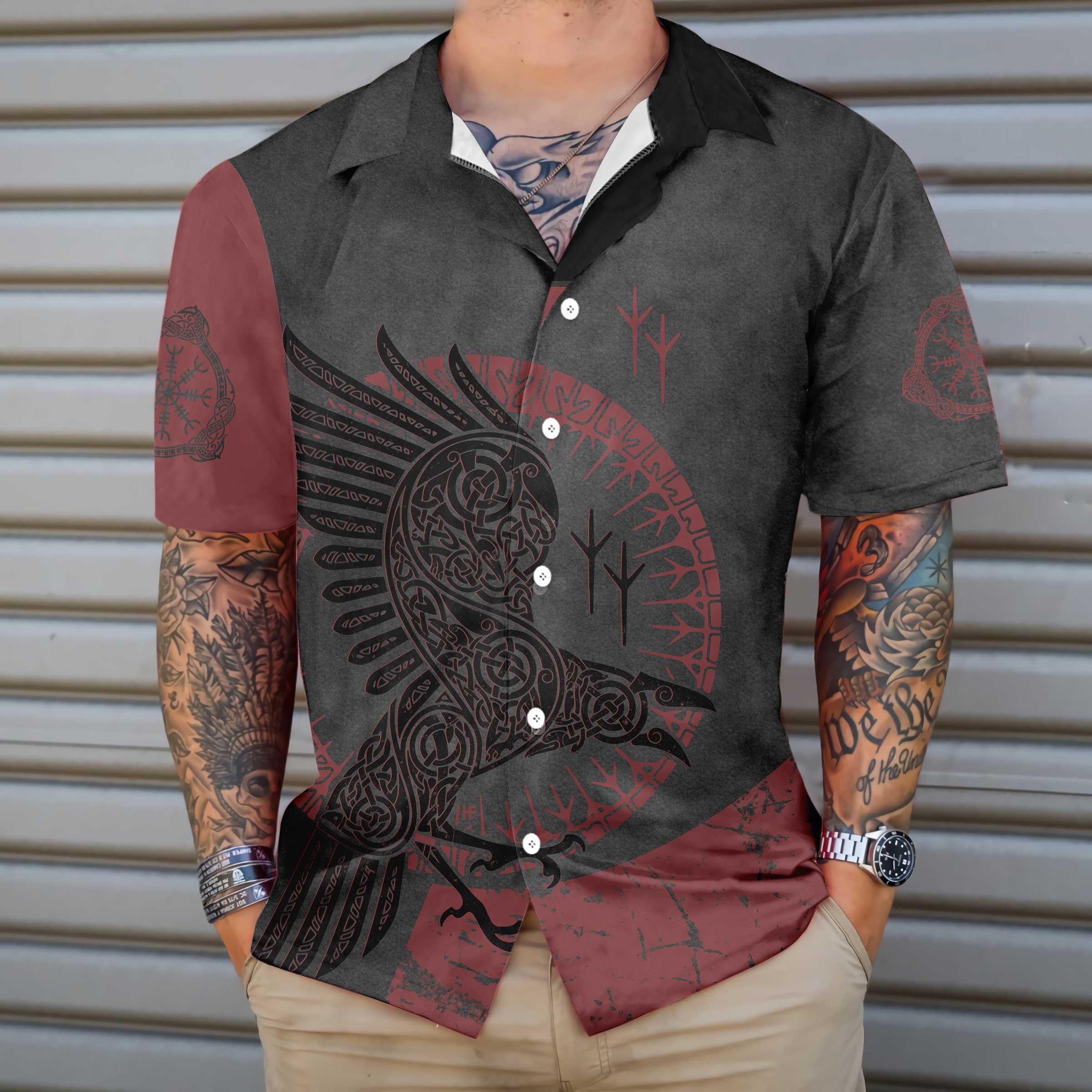 Red And Black Raven Viking Hawaiian Shirt, Unique Viking Raven Shirt For Men And Women