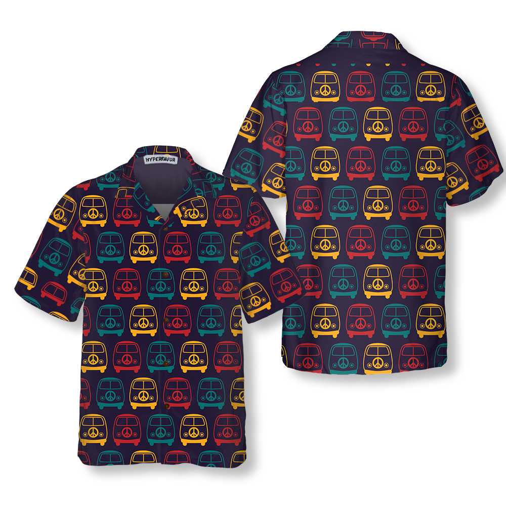 Retro Mini Van Hippie Hawaiian Shirt, Colorful Hippie Vans Seamless Pattern Shirt, Unique Hippie Gift