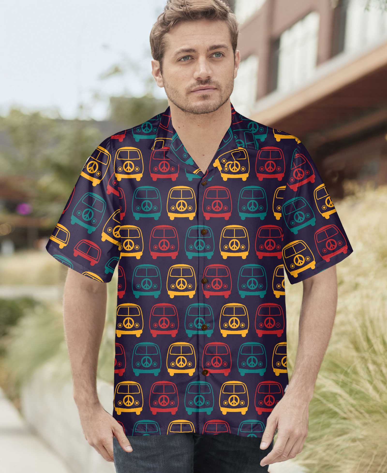 Retro Mini Van Hippie Hawaiian Shirt, Colorful Hippie Vans Seamless Pattern Shirt, Unique Hippie Gift