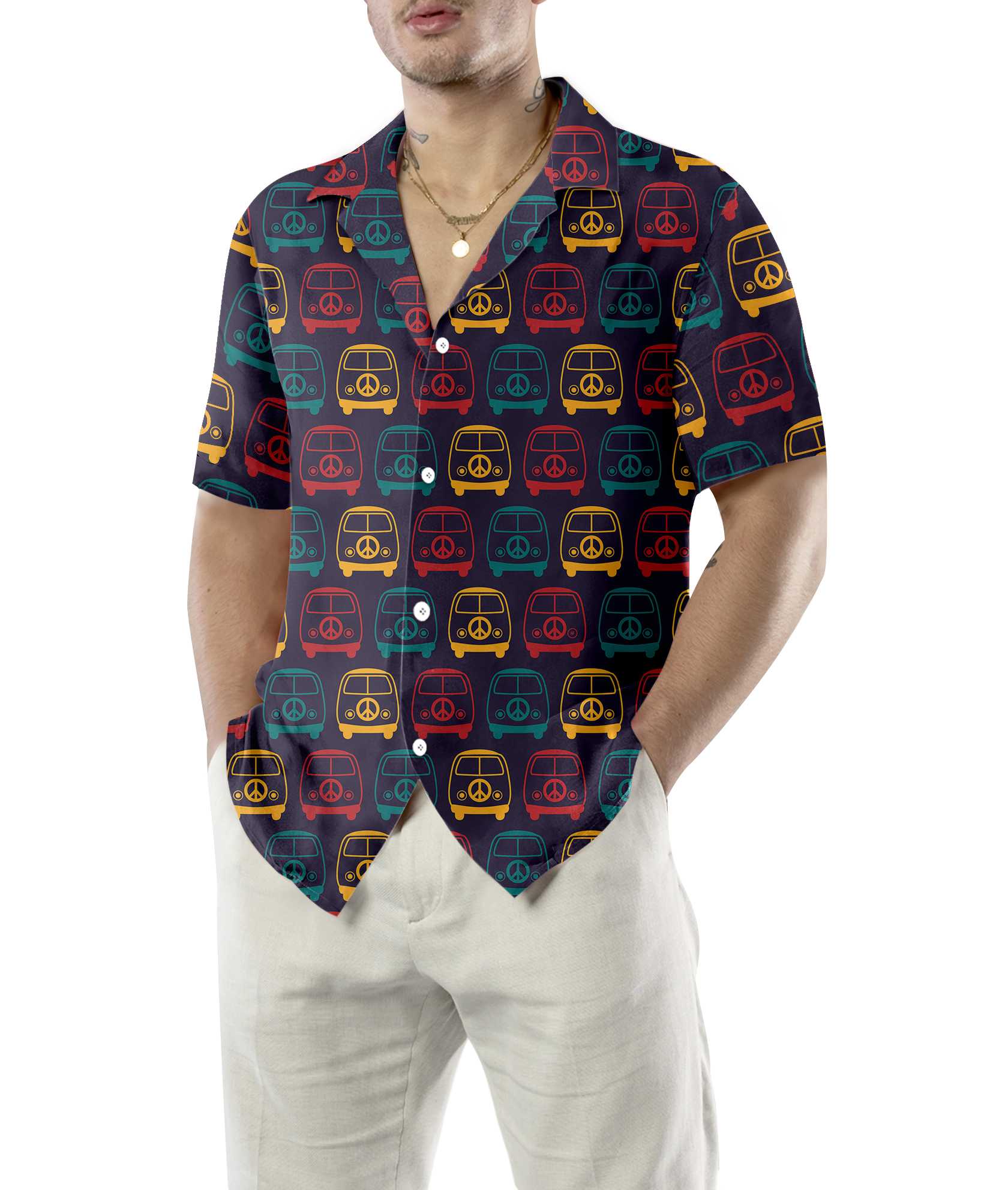 Retro Mini Van Hippie Hawaiian Shirt, Colorful Hippie Vans Seamless Pattern Shirt, Unique Hippie Gift