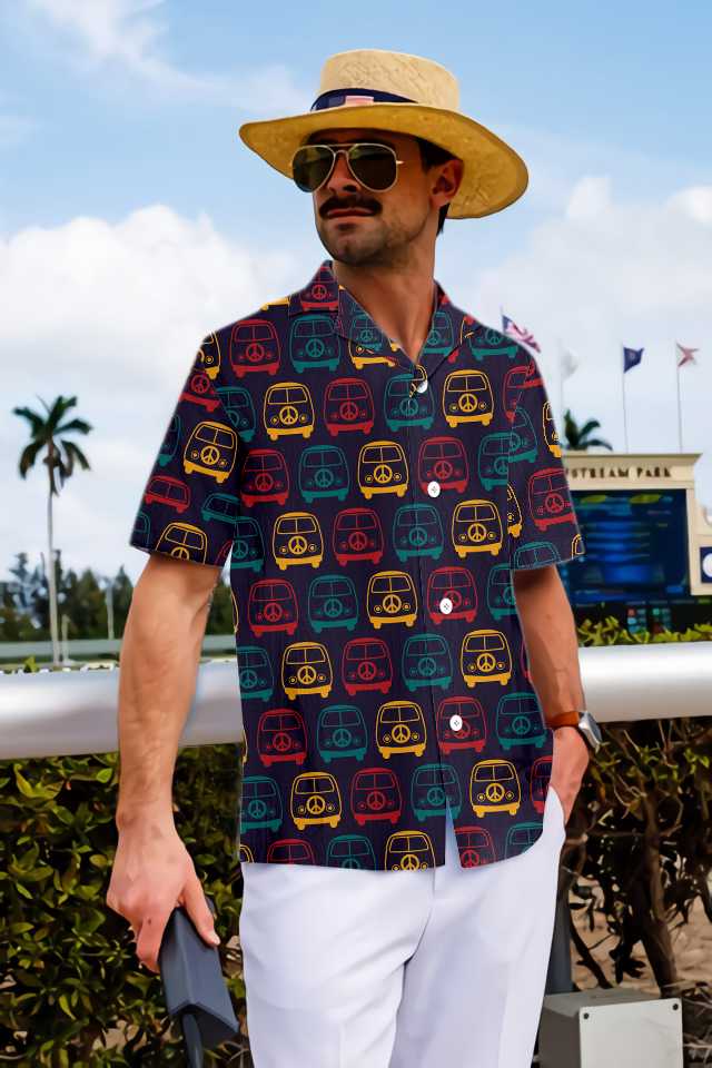 Retro Mini Van Hippie Hawaiian Shirt, Colorful Hippie Vans Seamless Pattern Shirt, Unique Hippie Gift