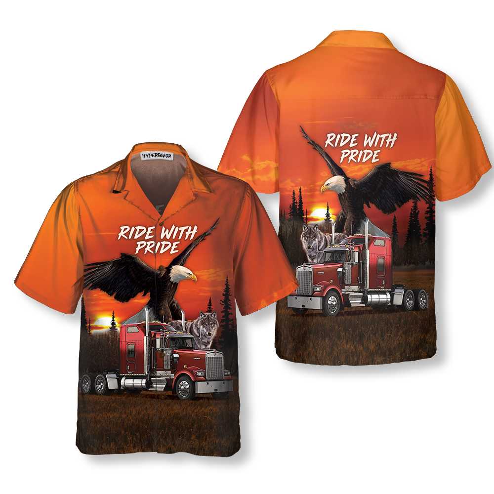 Ride With Pride Trucker Hawaiian Shirt, Eagle And Wolf Trucker Shirt, Best Gift For Trucker Riders